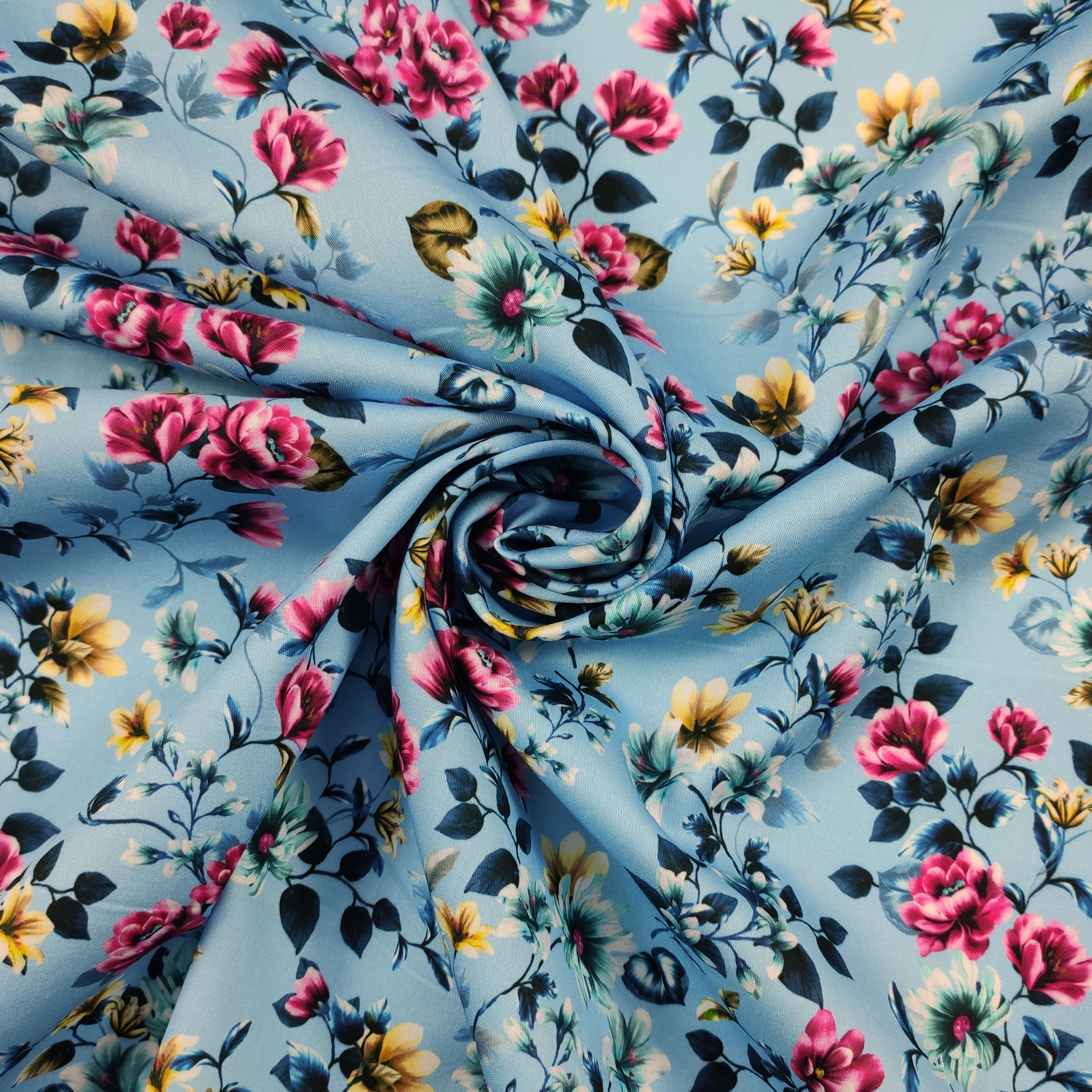 Rasatello Cotone Sfondo Azzurro con Fiori