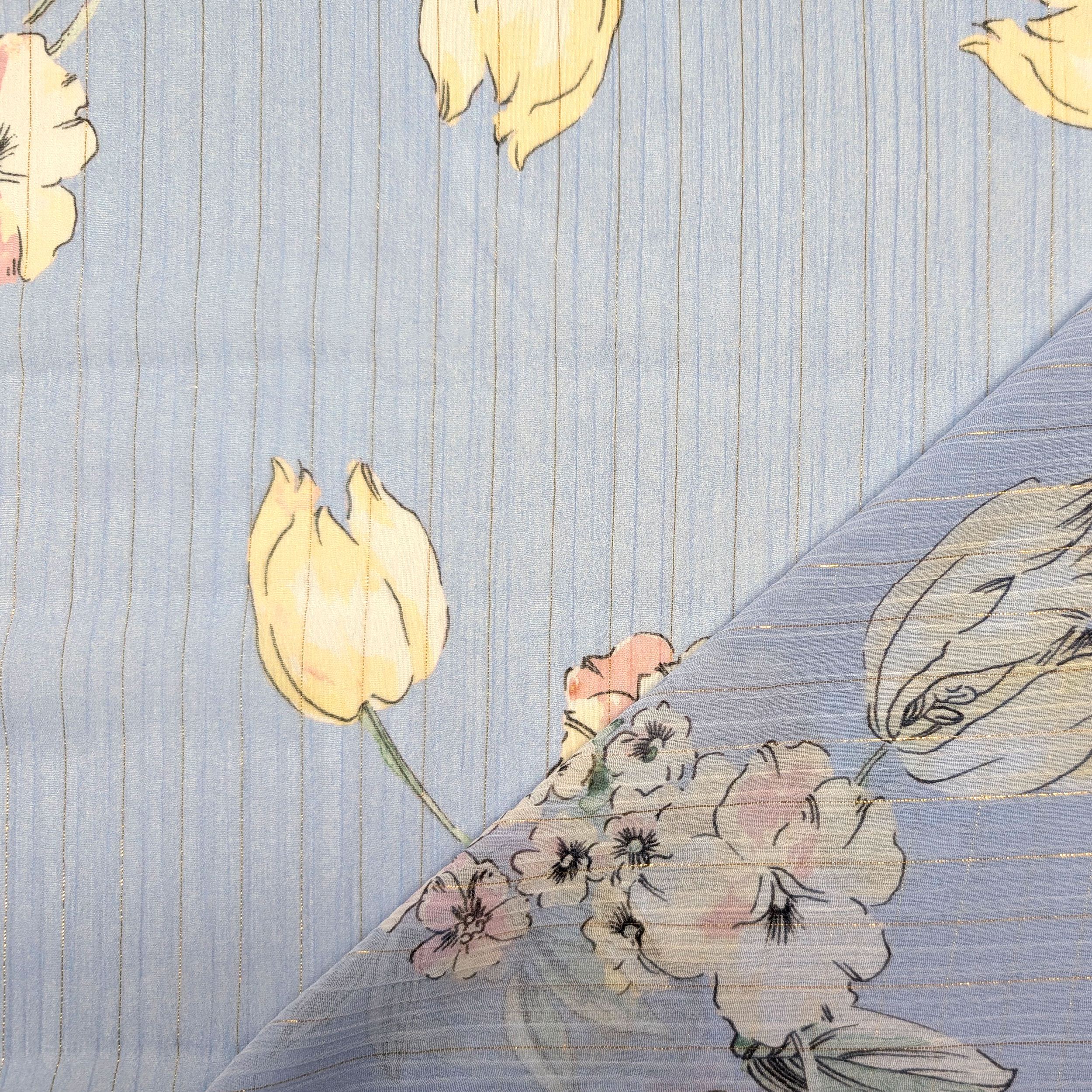 Chiffon Lurex Fiori e Righe Sfondo Celeste Image