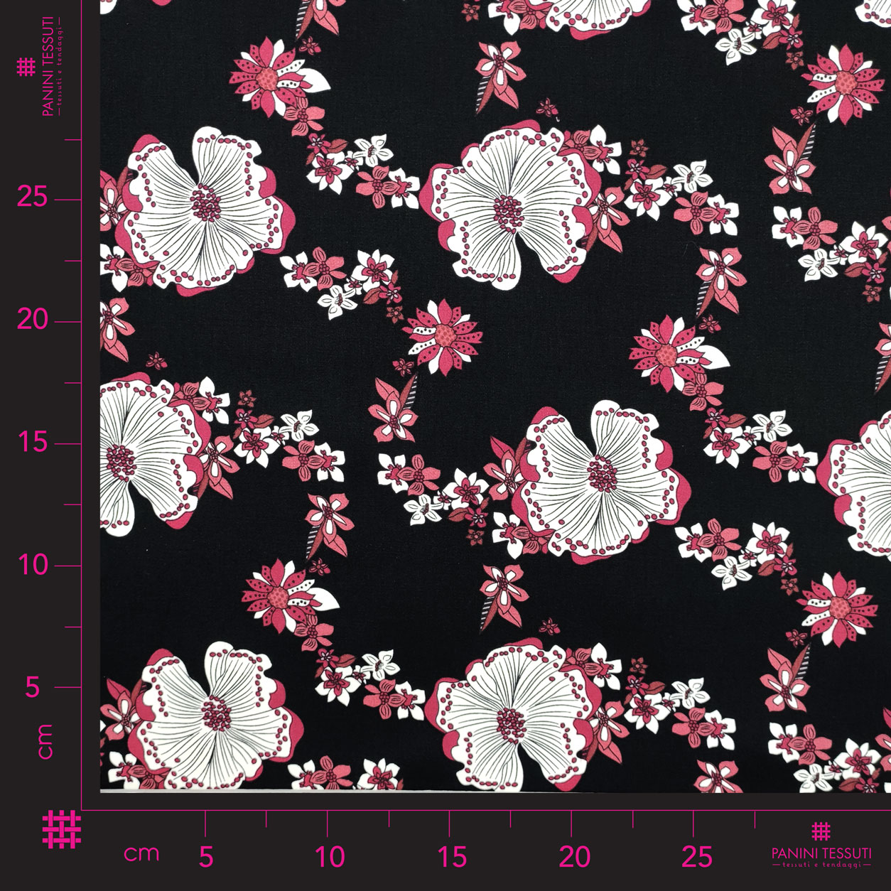 Rasatello cotone fiori bianchi e fuxia scuro