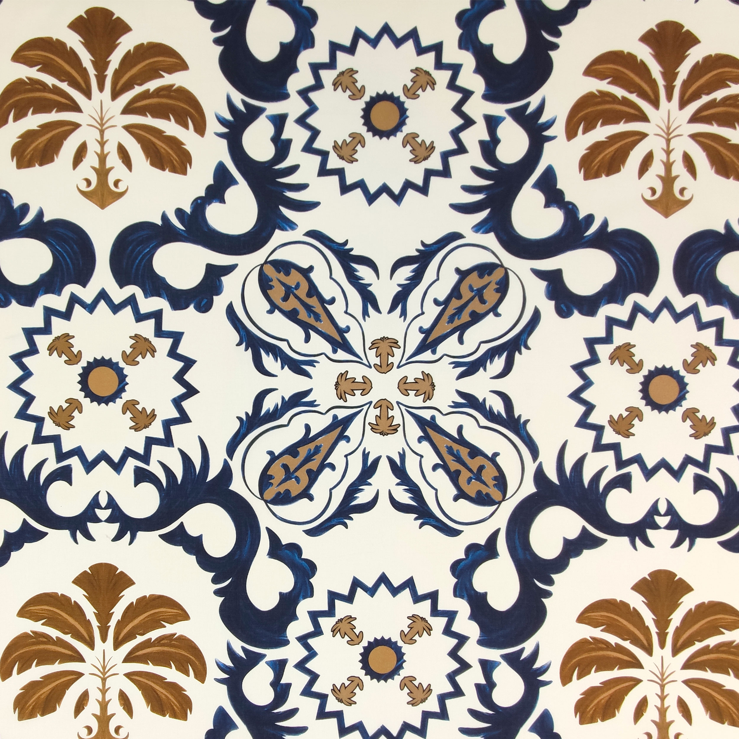 Tessuto in Cotone Fiori Arabesc Blu e Oro