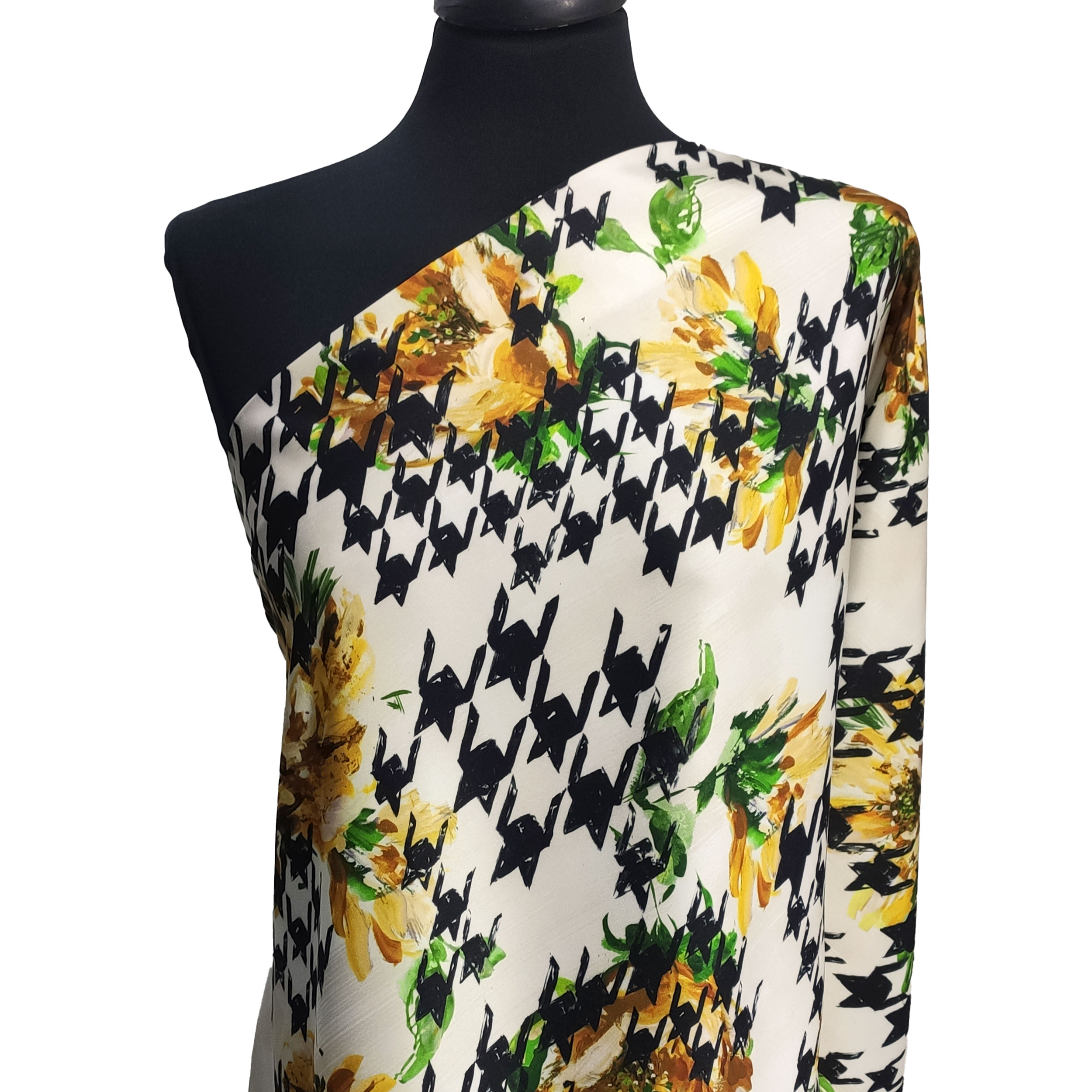 Raso Setato Alta Moda Fantasia Pied de Poule con Fiori