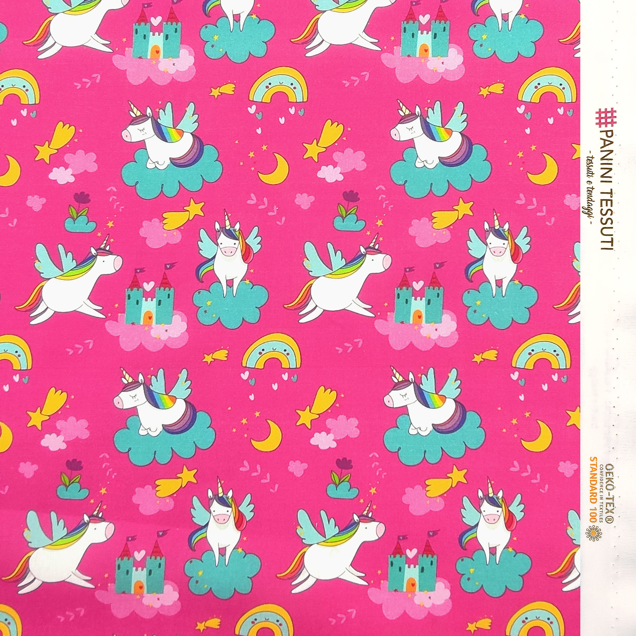 Ritaglio Tessuto Cotone Unicorni e Castelli Piccoli 50x150 cm