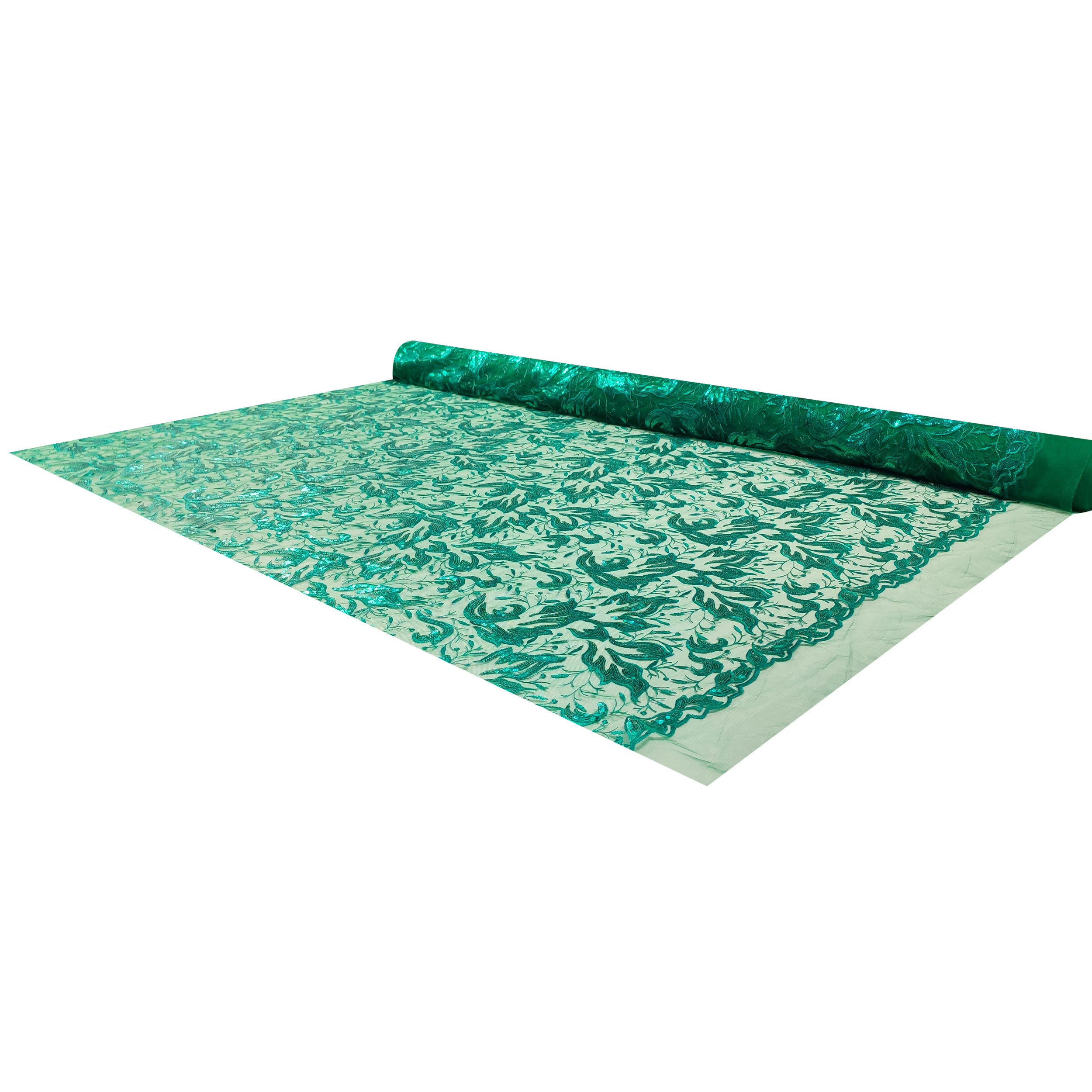 Tulle Ricamato Foglie con Paillettes Verde
