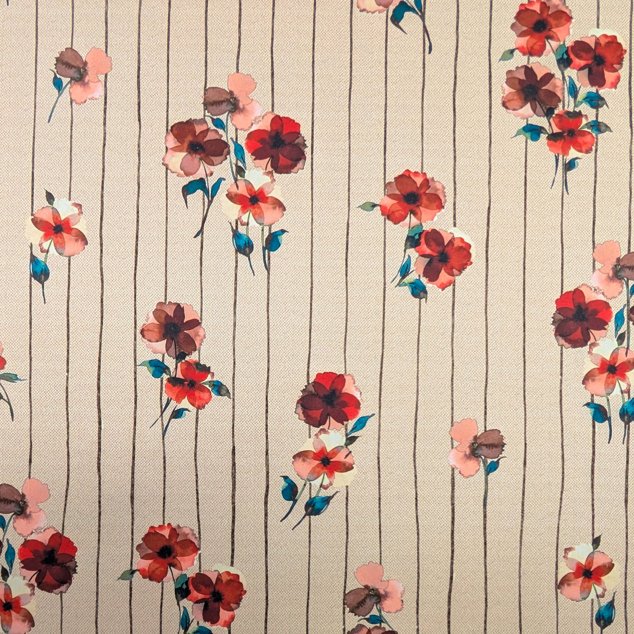 Raso Setato Alta Moda Fiori Rossi e Righe Image