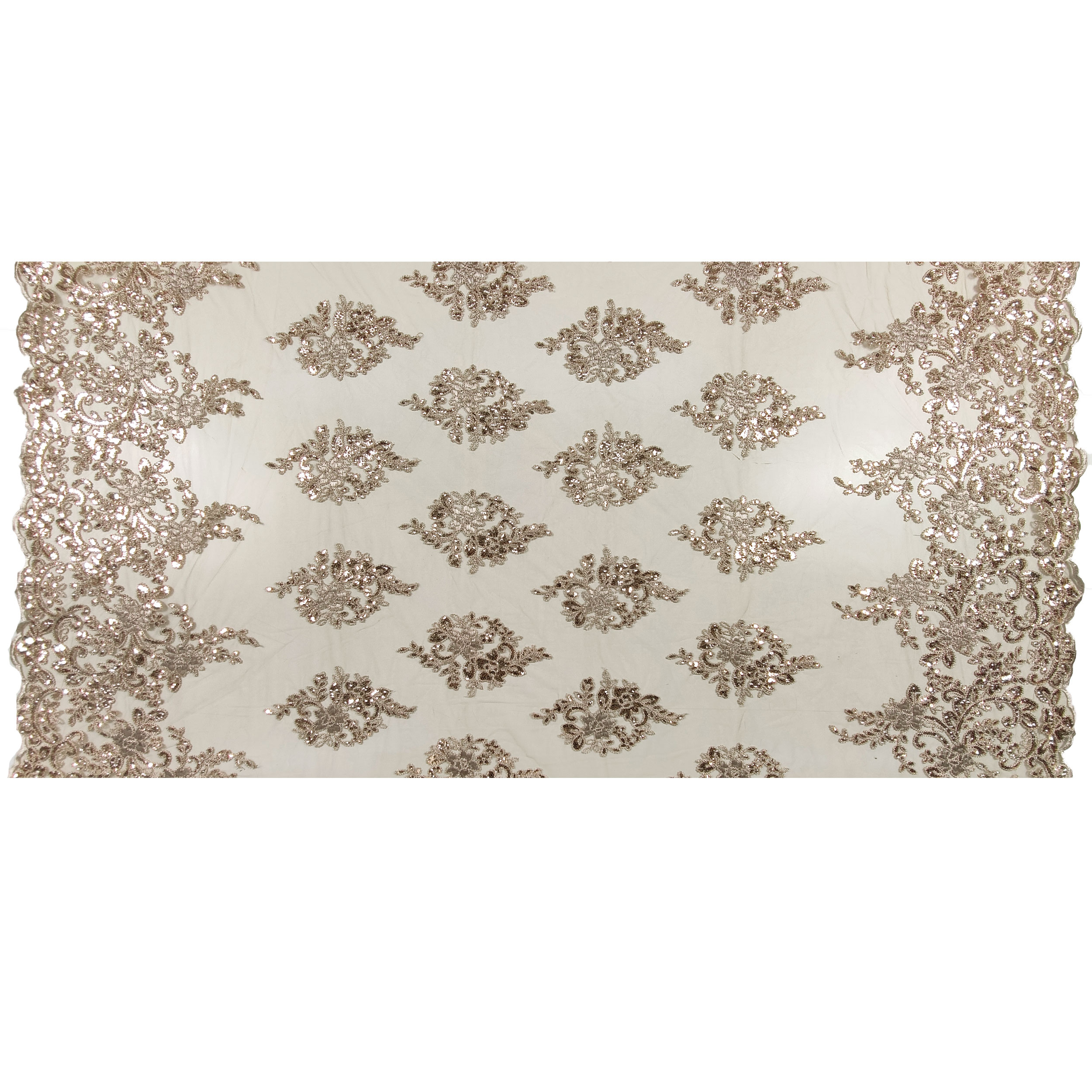 Tessuto Tulle Ricamo Paillettes Doppio Smerlo Beige