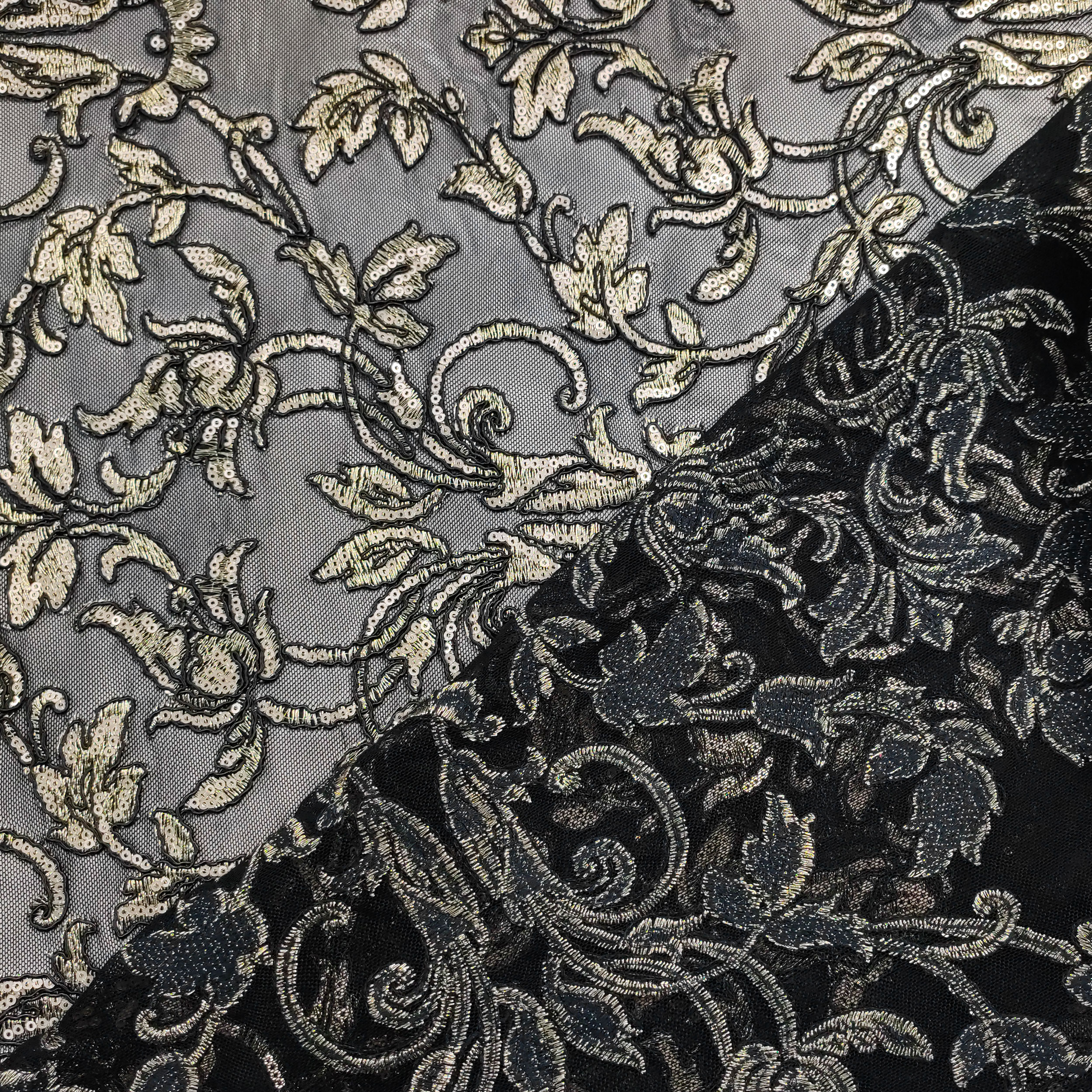 Tulle Ricamato con Paillettes Moda Nero