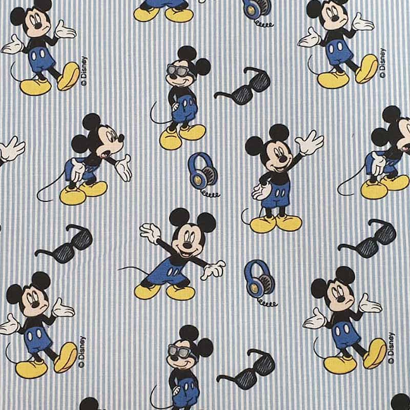 Tessuto Cotone Disney Topolino Righe Azzurre