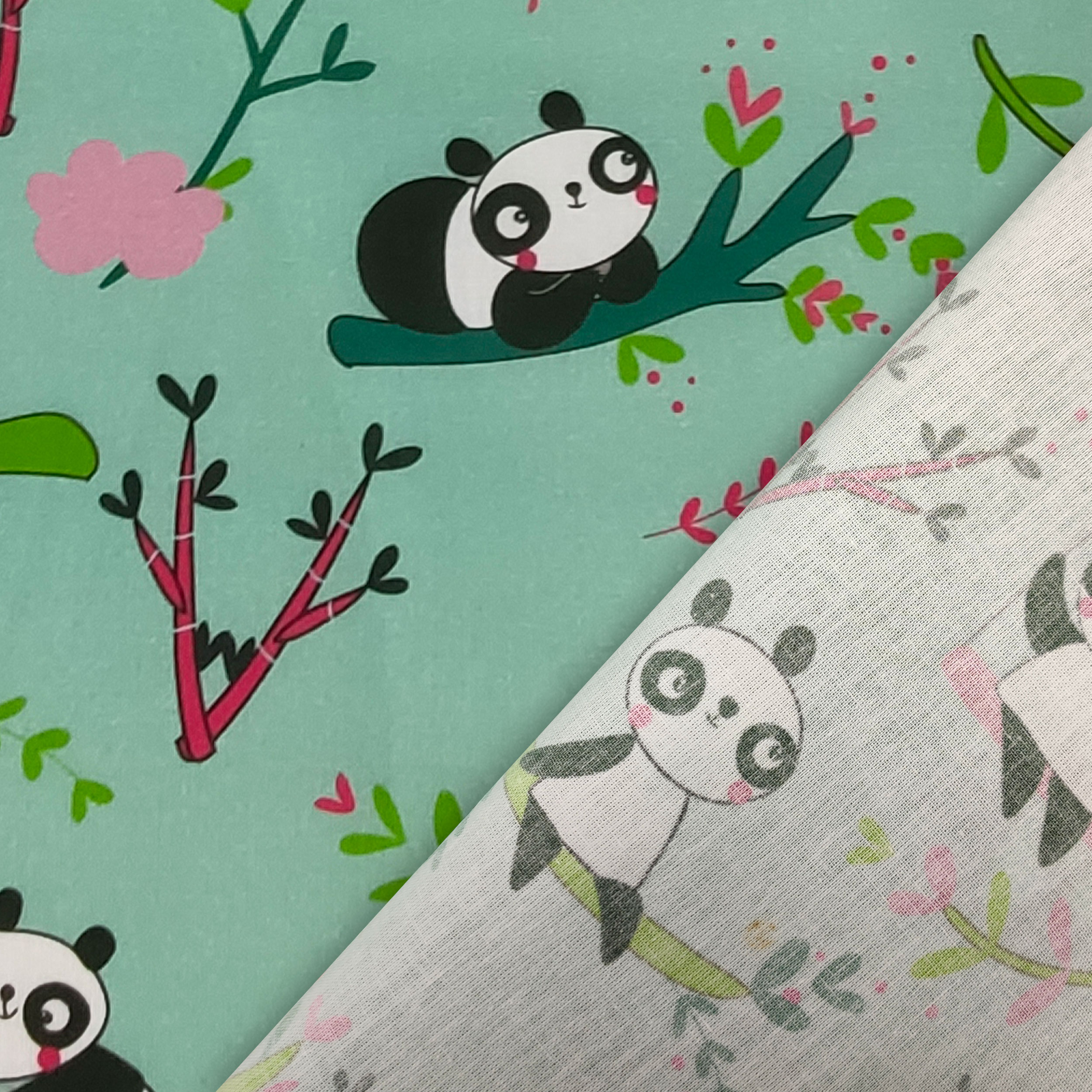 Ritaglio Cotone Panda Grandi Sfondo Verde Menta 50x150 cm