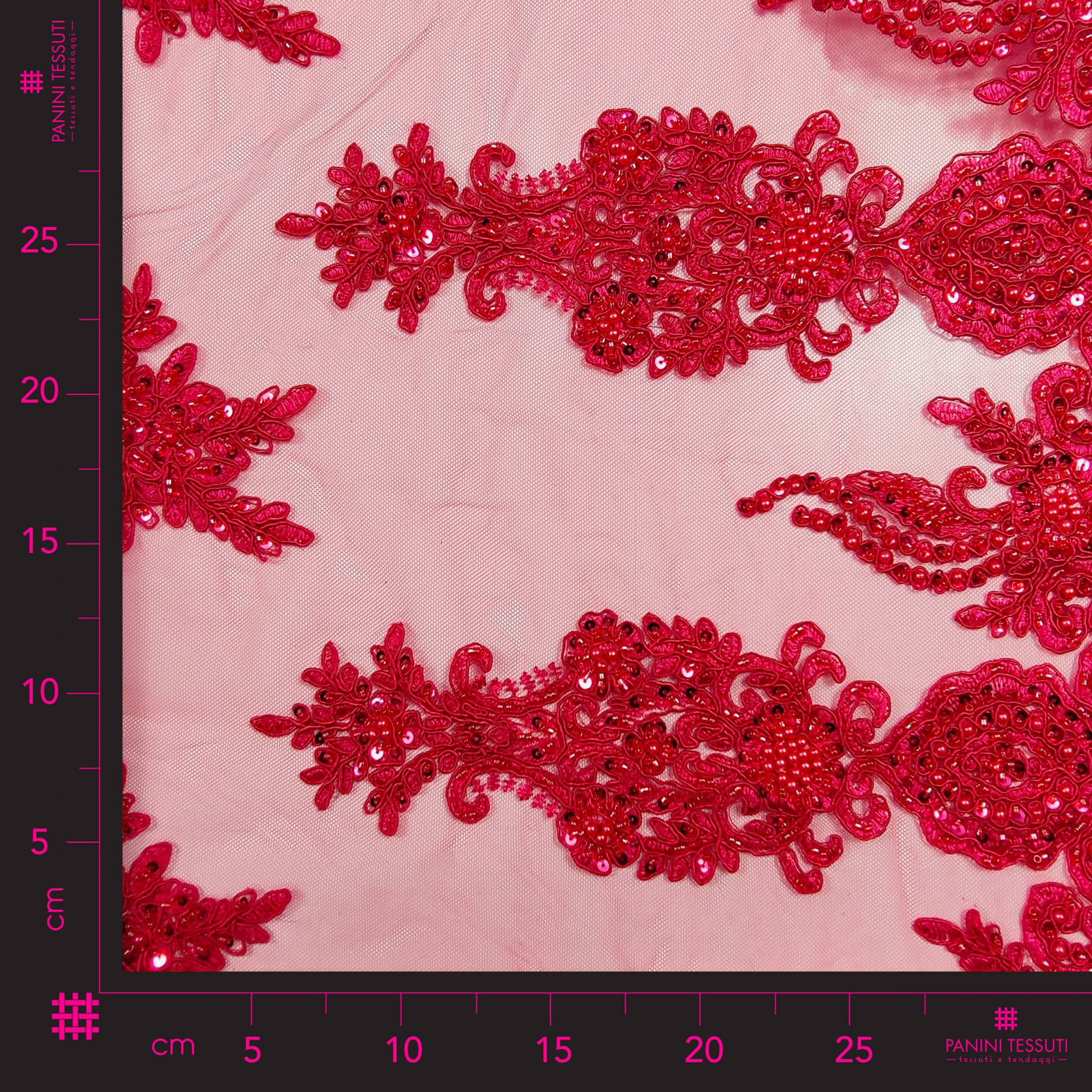 Pizzo Alta Moda Floreale Perline Magenta Ricamate Doppio Bordo Image
