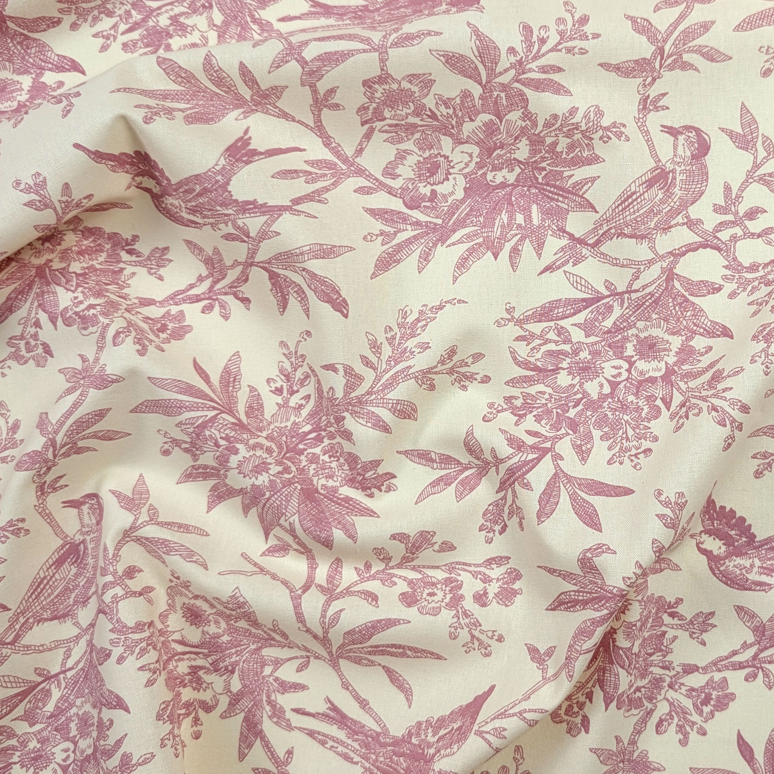 Popeline Cotone Stampa Vintage Uccellini e Rami Rosa Image