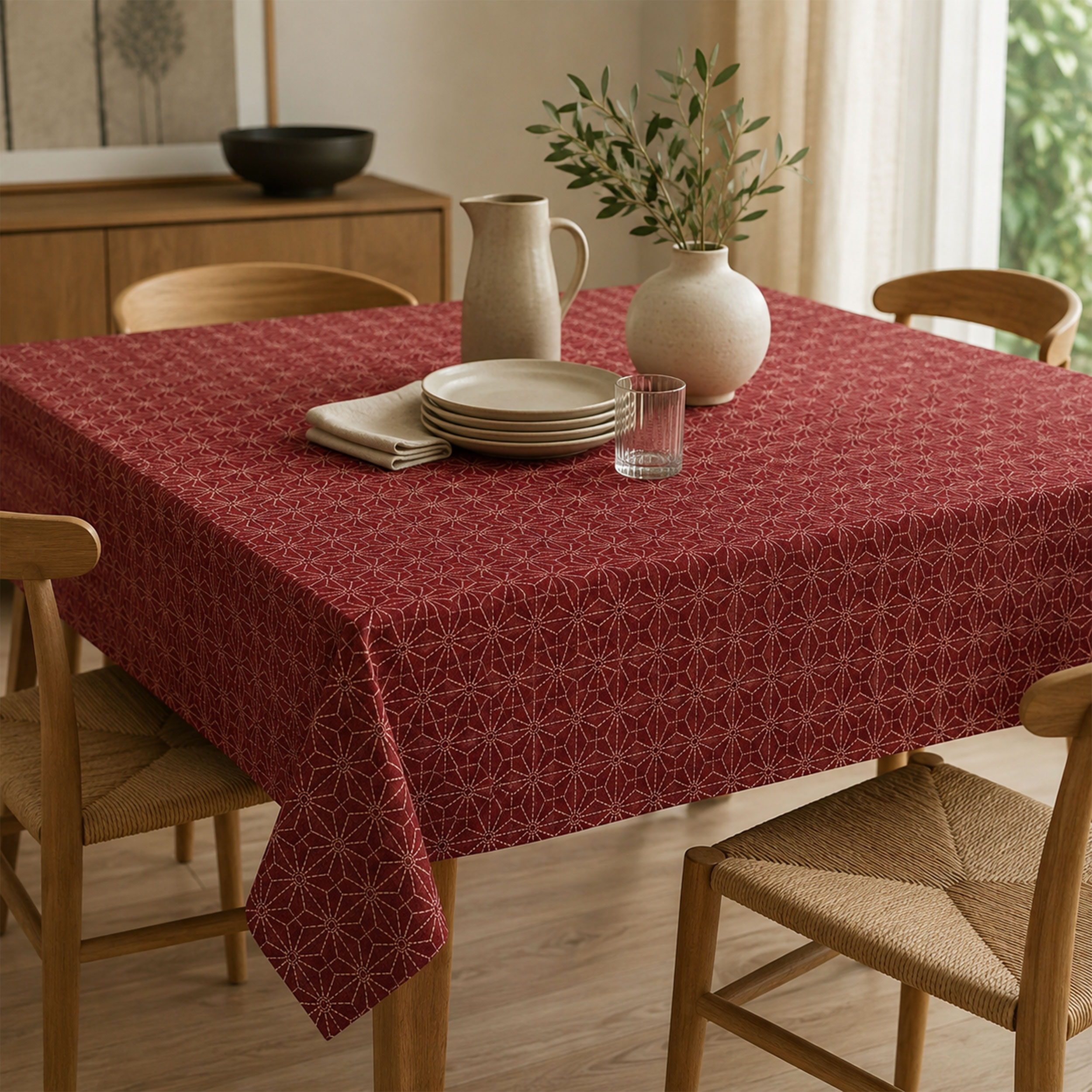 Popeline Cotone Bordeaux con Stelle Geometriche Image