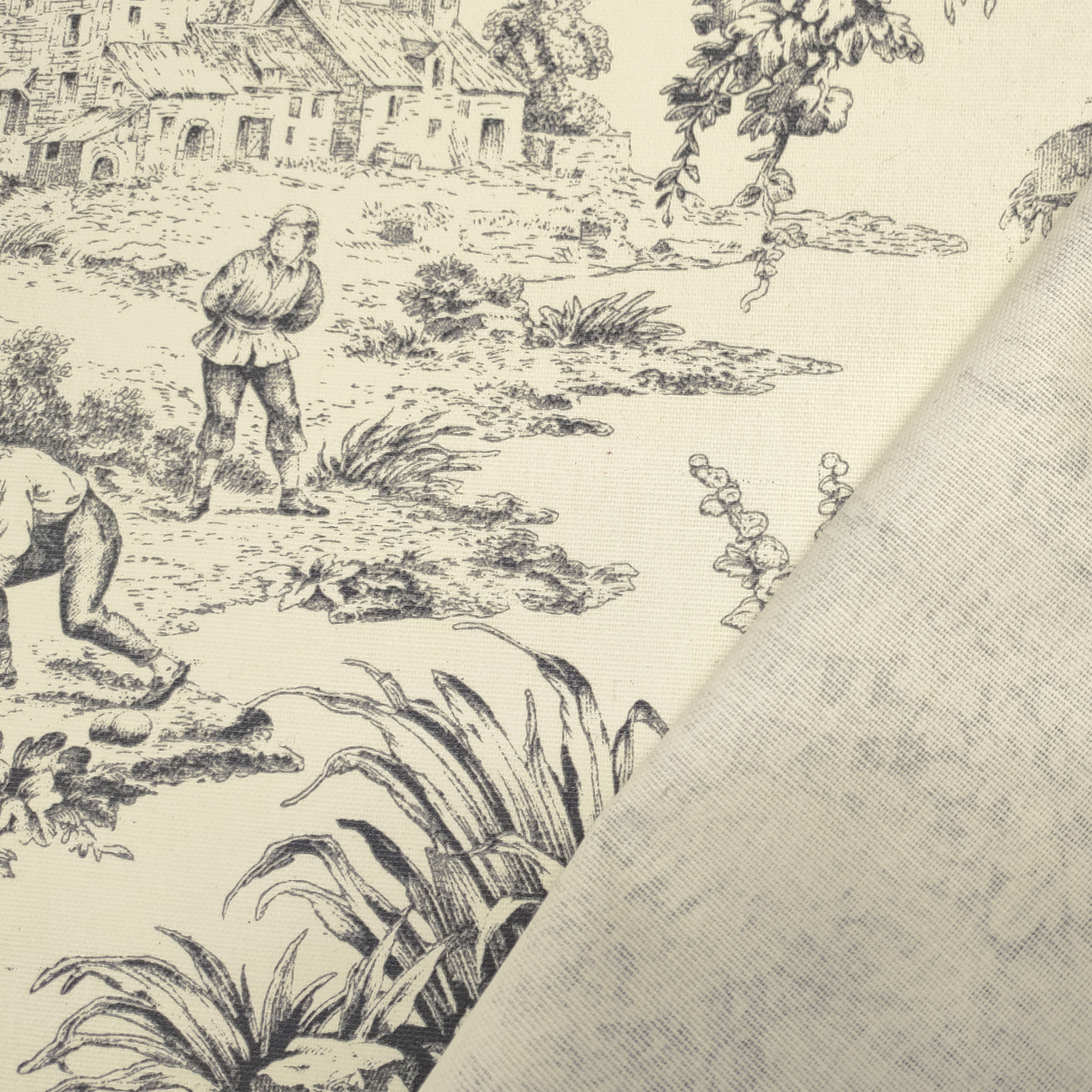 Tessuto Tovaglia Resinata Toile de Jouy Nero Sfondo Panna