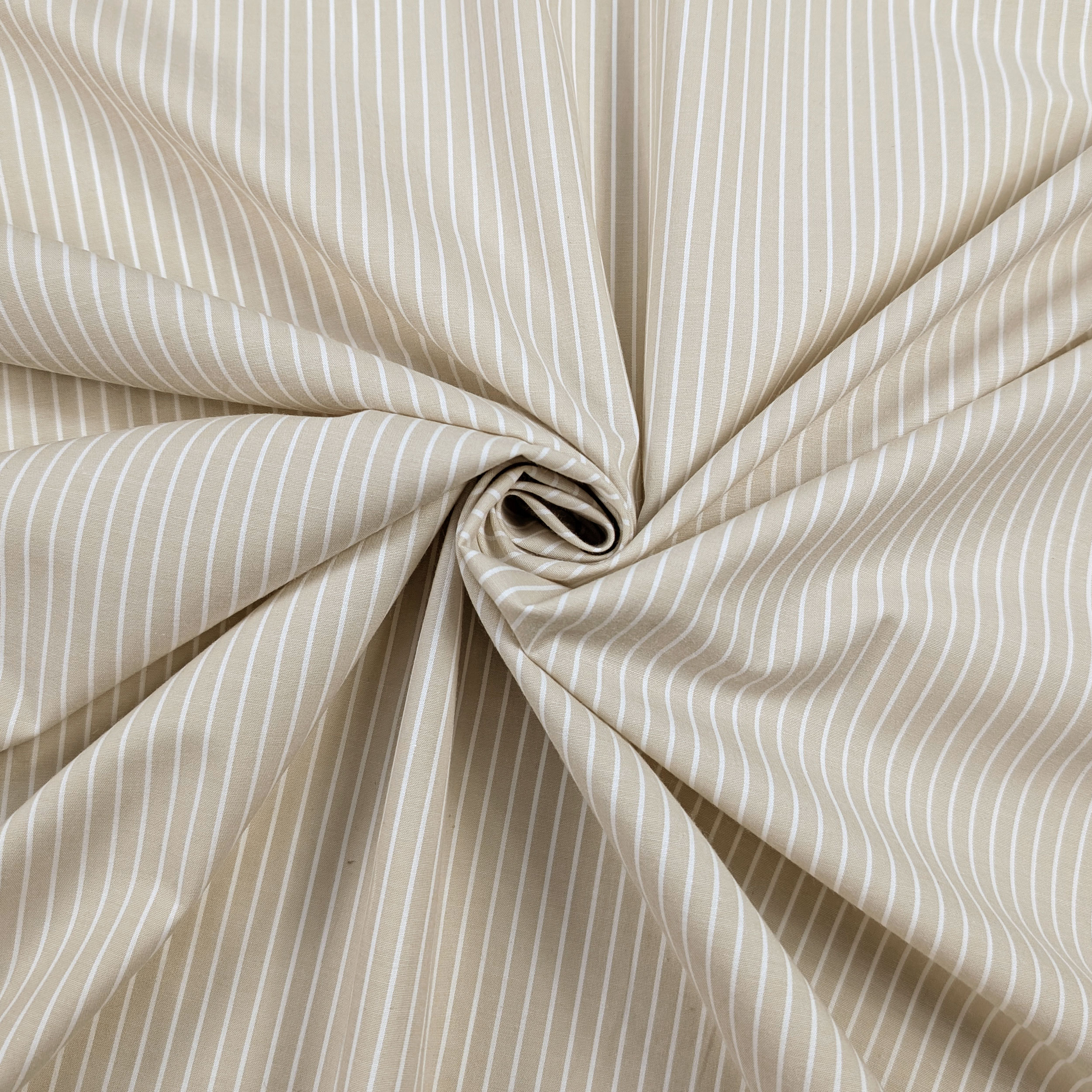 Cotone per Camiceria Elasticizzato Beige Righe Bianche Image
