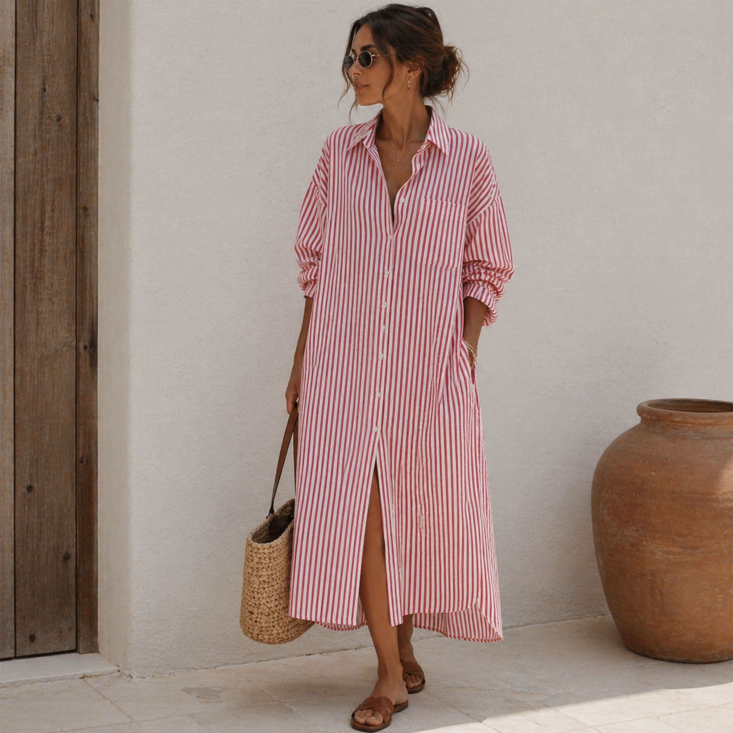 Cotone per Camiceria Righe Rosse Image
