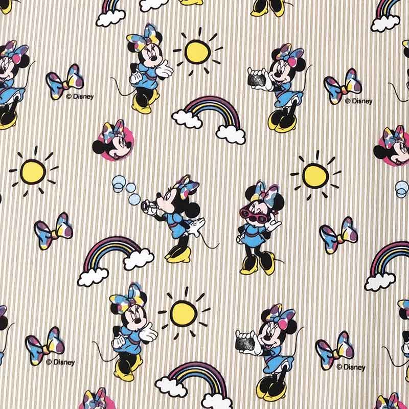  Tessuto Cotone Disney Minnie Arcobaleno Righe Beige