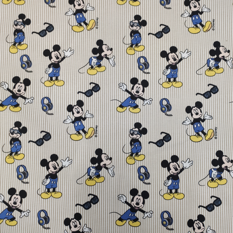 Tessuto Cotone Disney Topolino Righe Beige