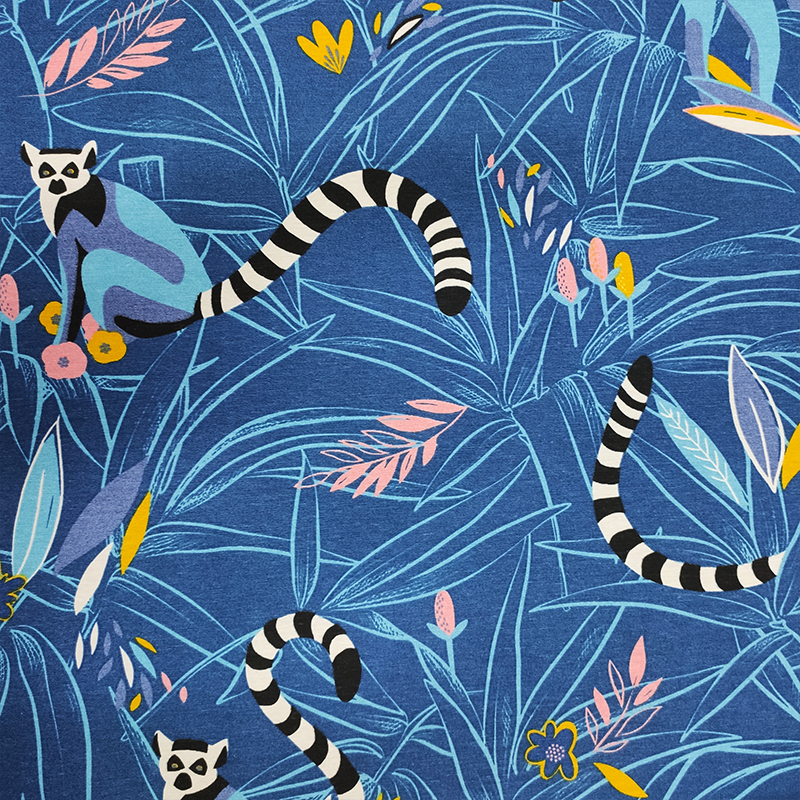 Tessuto Misto Cotone Lemuri Sfondo Blu