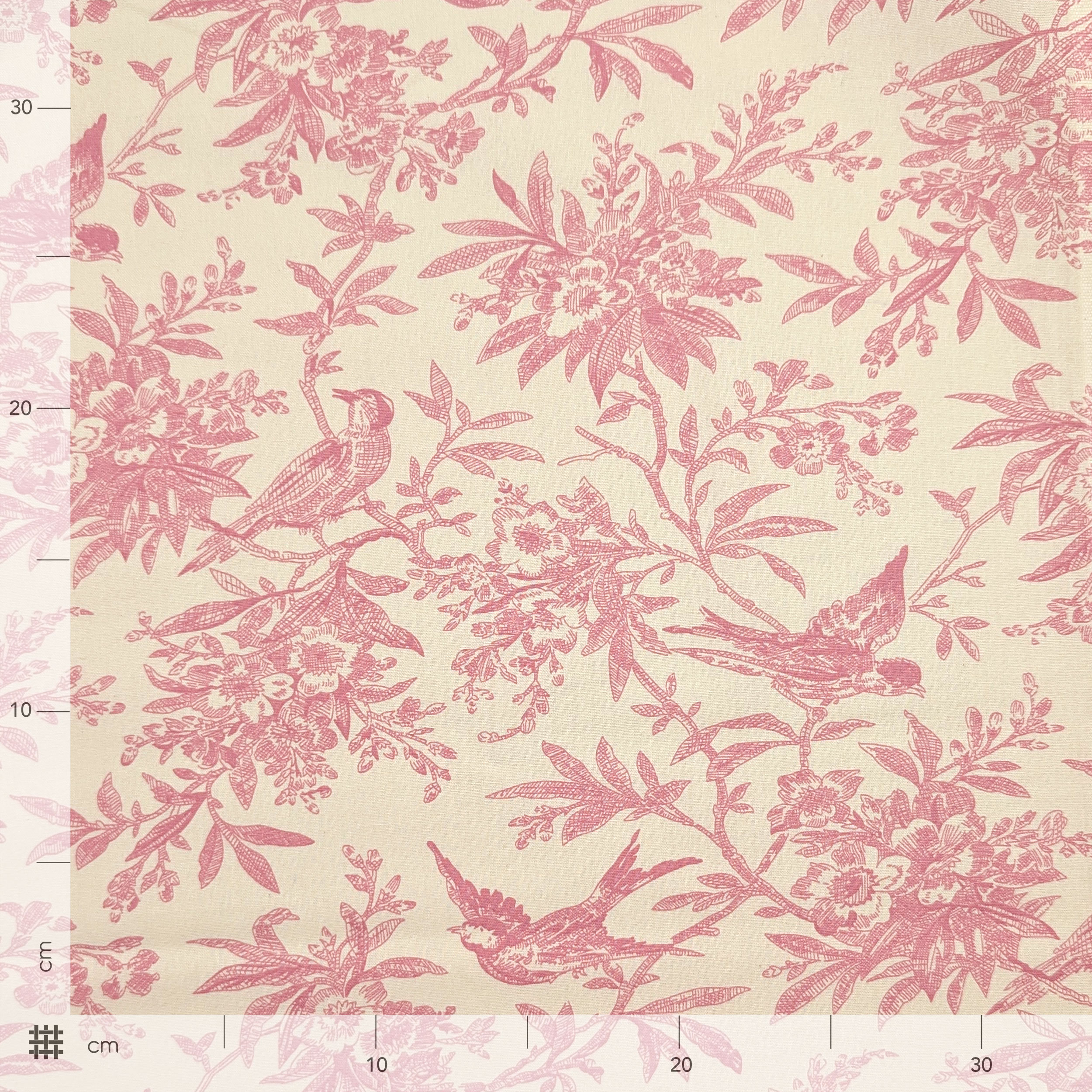 Popeline Cotone Stampa Vintage Uccellini e Rami Rosa Image
