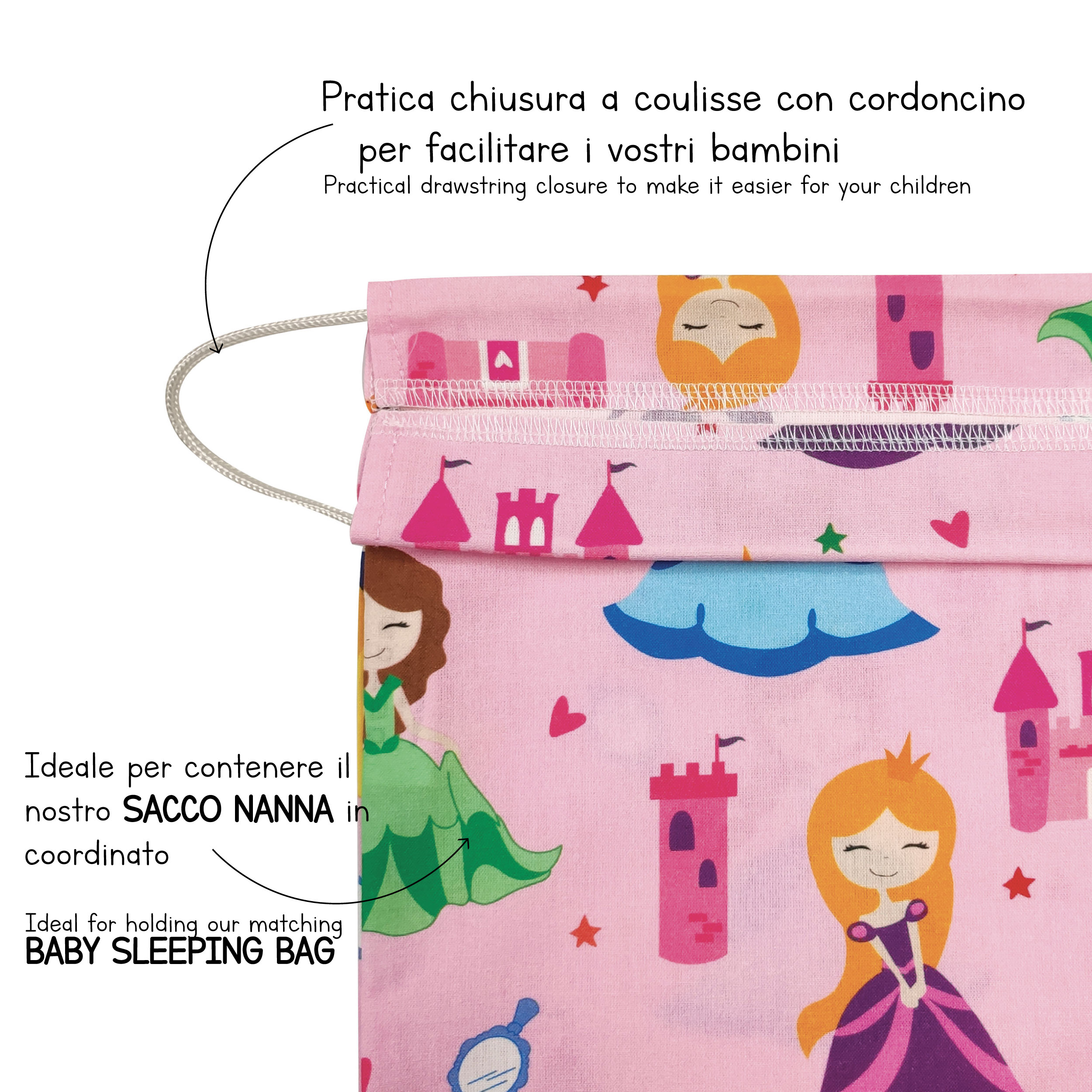 Sacchetto Asilo Principesse Sfondo Rosa