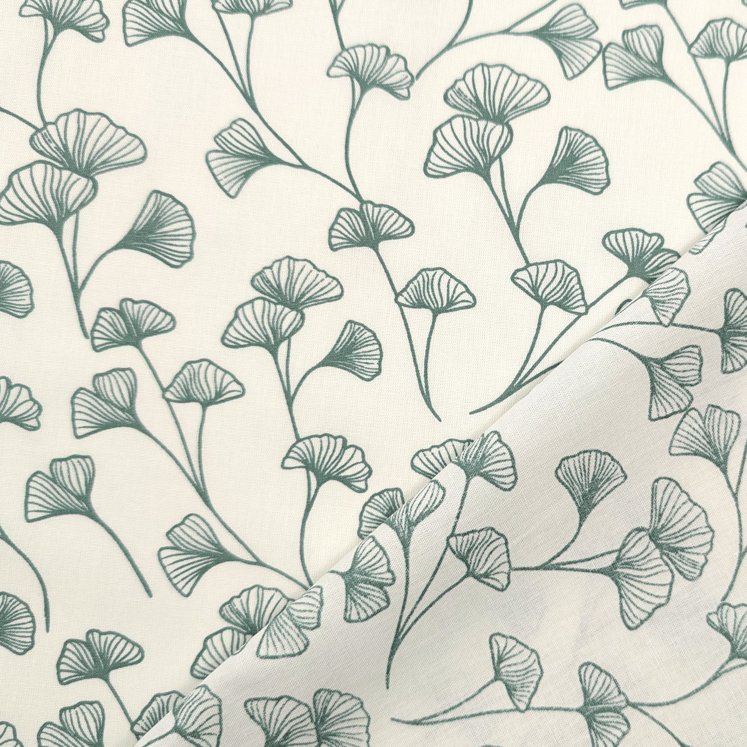 Popeline Cotone Foglie Sfondo Verde Grigio Image