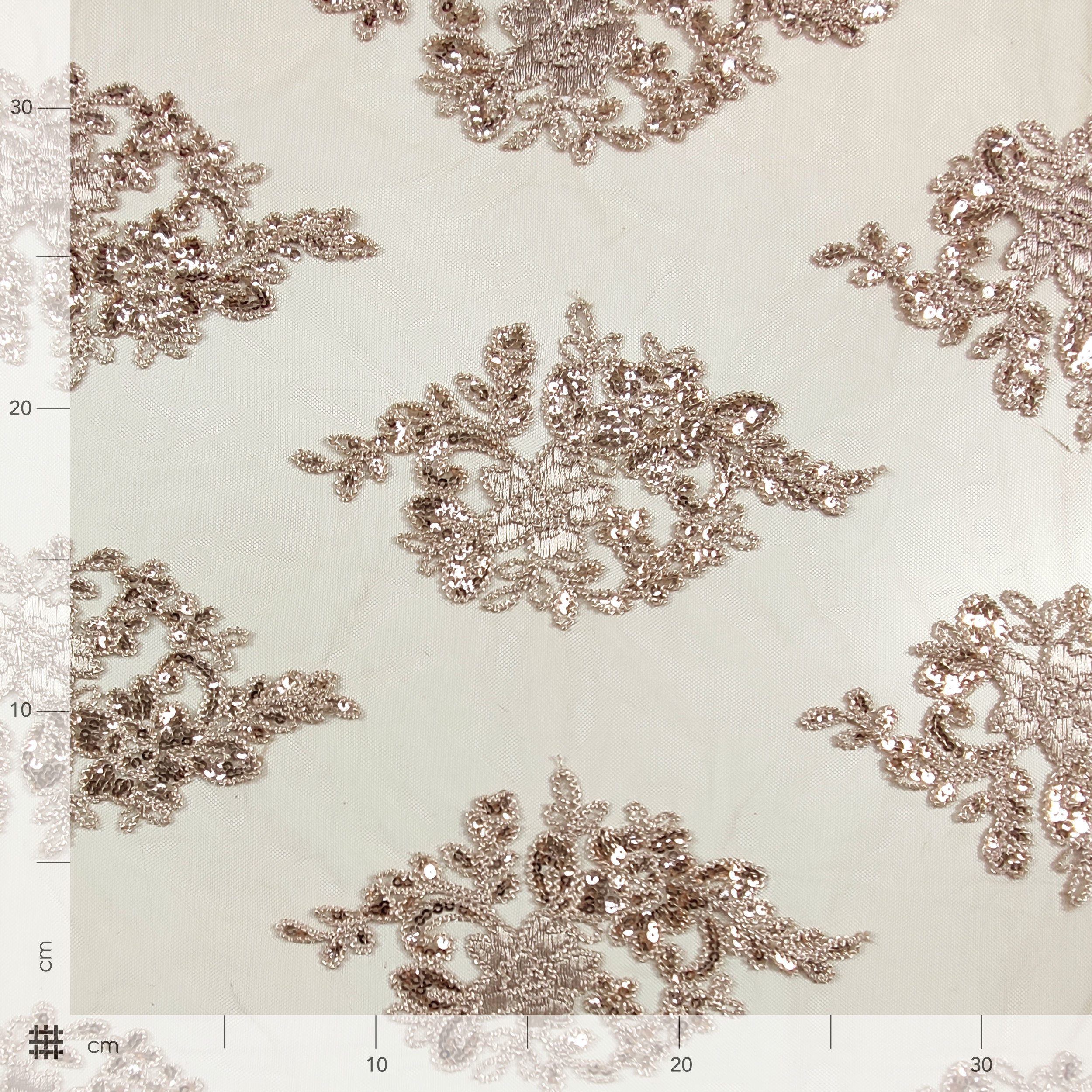 Tessuto Tulle Ricamo Paillettes Doppio Smerlo Beige