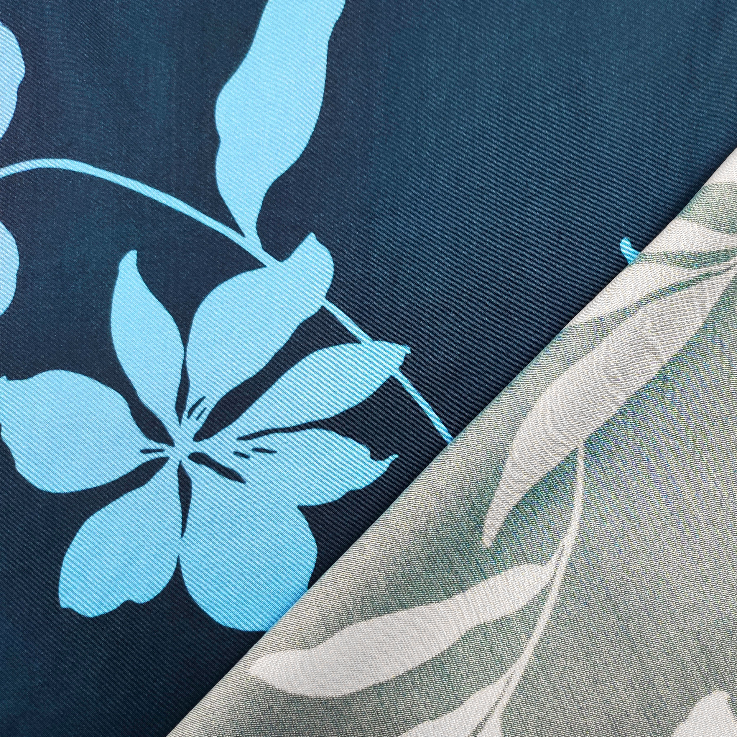 Raso Misto Seta Alta Moda Fiori Azzurri Sfondo Blu