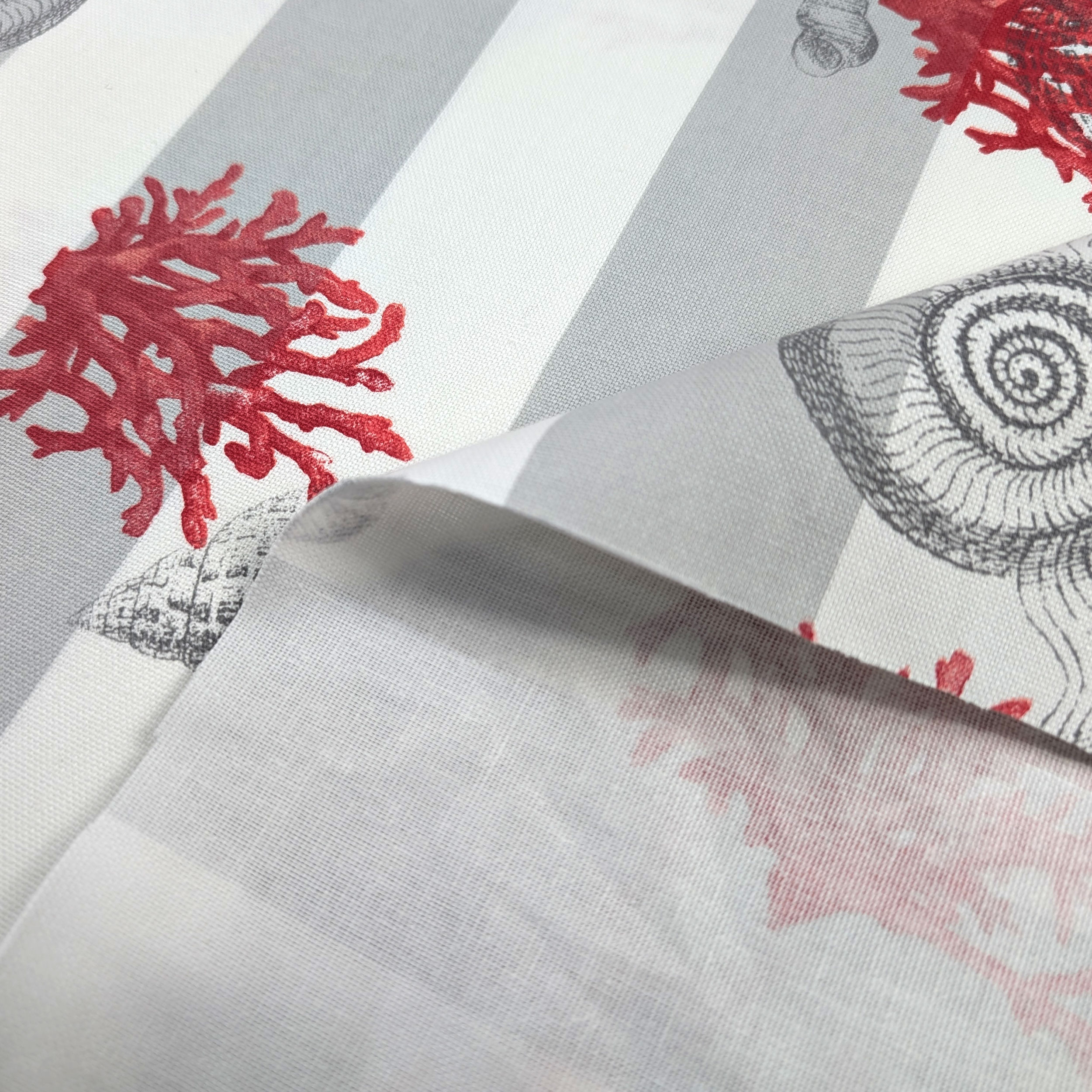 Tessuto Panama Righe Bianco Grigio Conchiglie Rosse Image