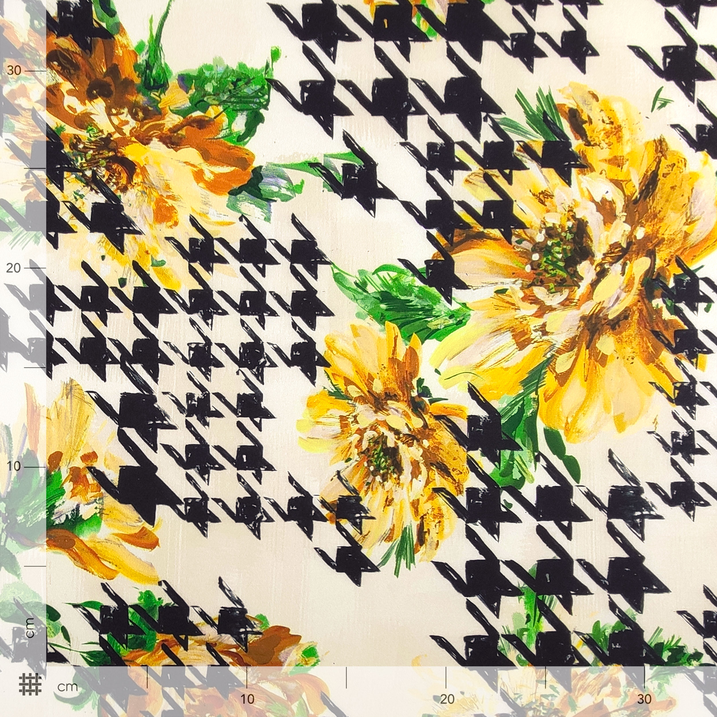 Raso Setato Alta Moda Fantasia Pied de Poule con Fiori