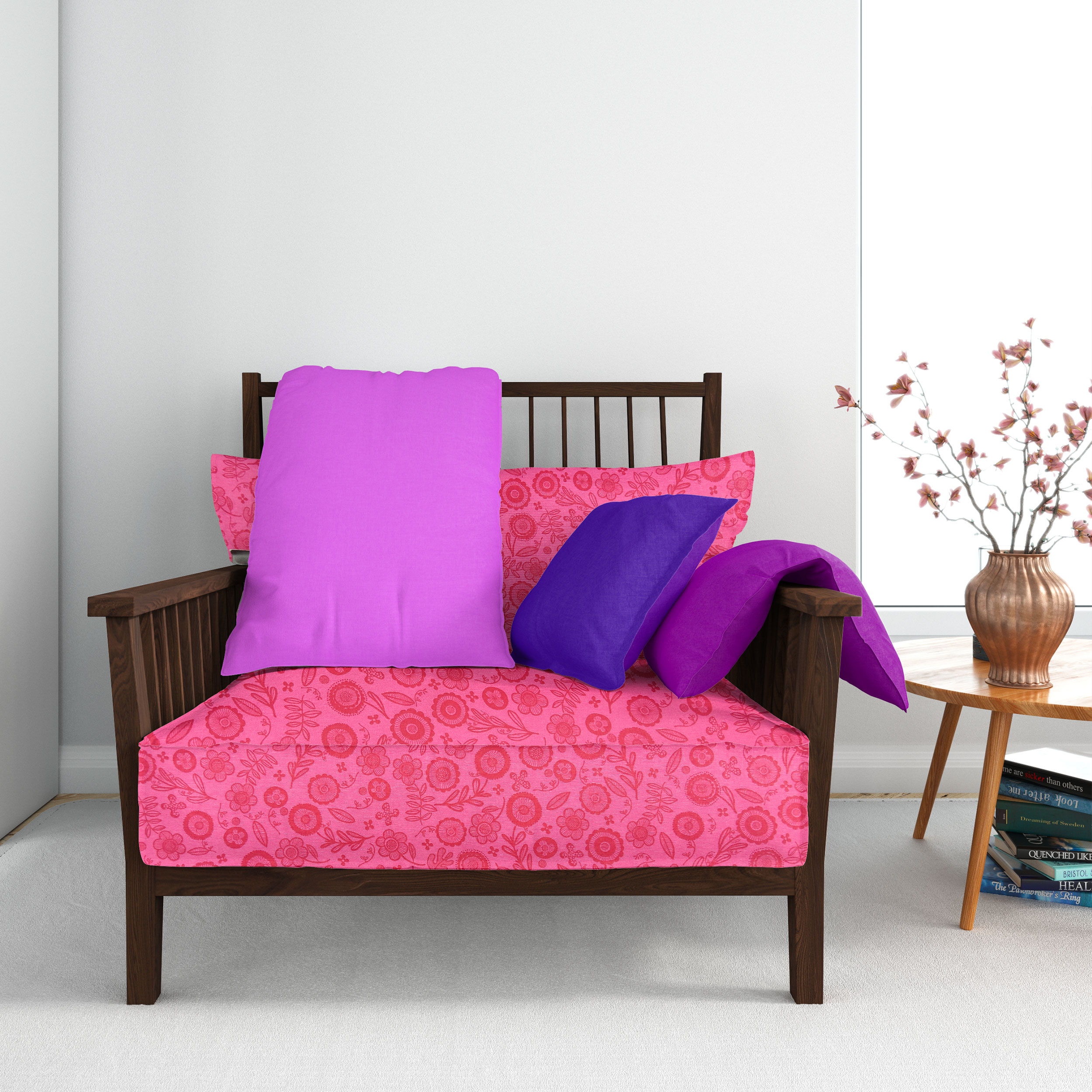 Tessuto Misto Cotone Fantasia Fiori Disegnati Fuxia