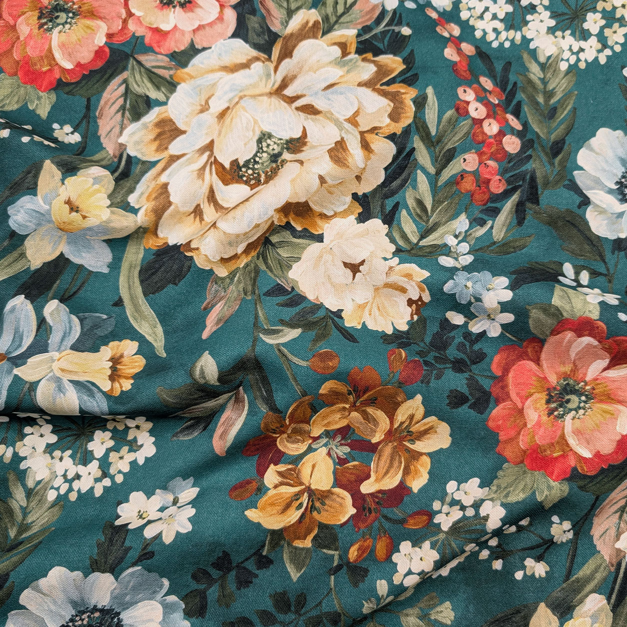Panama Cotone Fiori Sfondo Petrolio H 280 cm Image