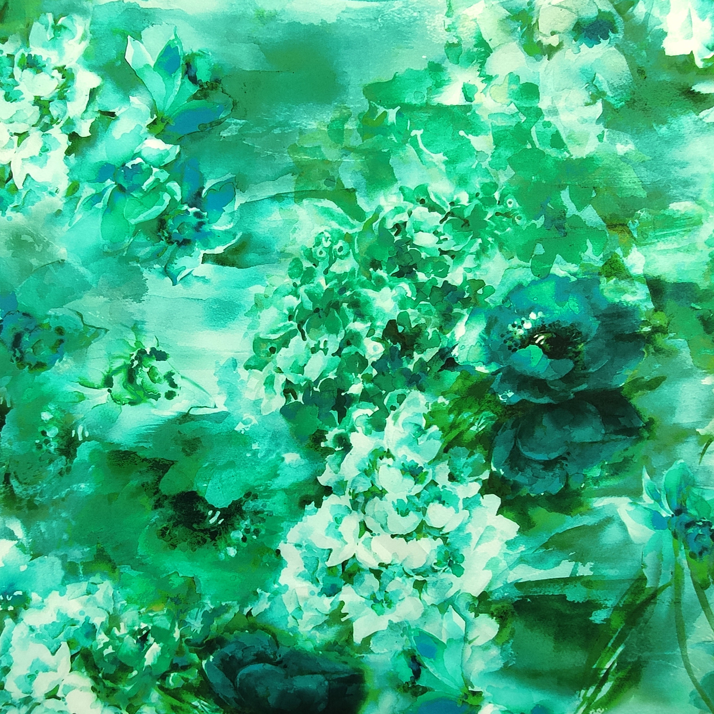 Cotone Elasticizzato Fantasia Fiori Dipinti Verde
