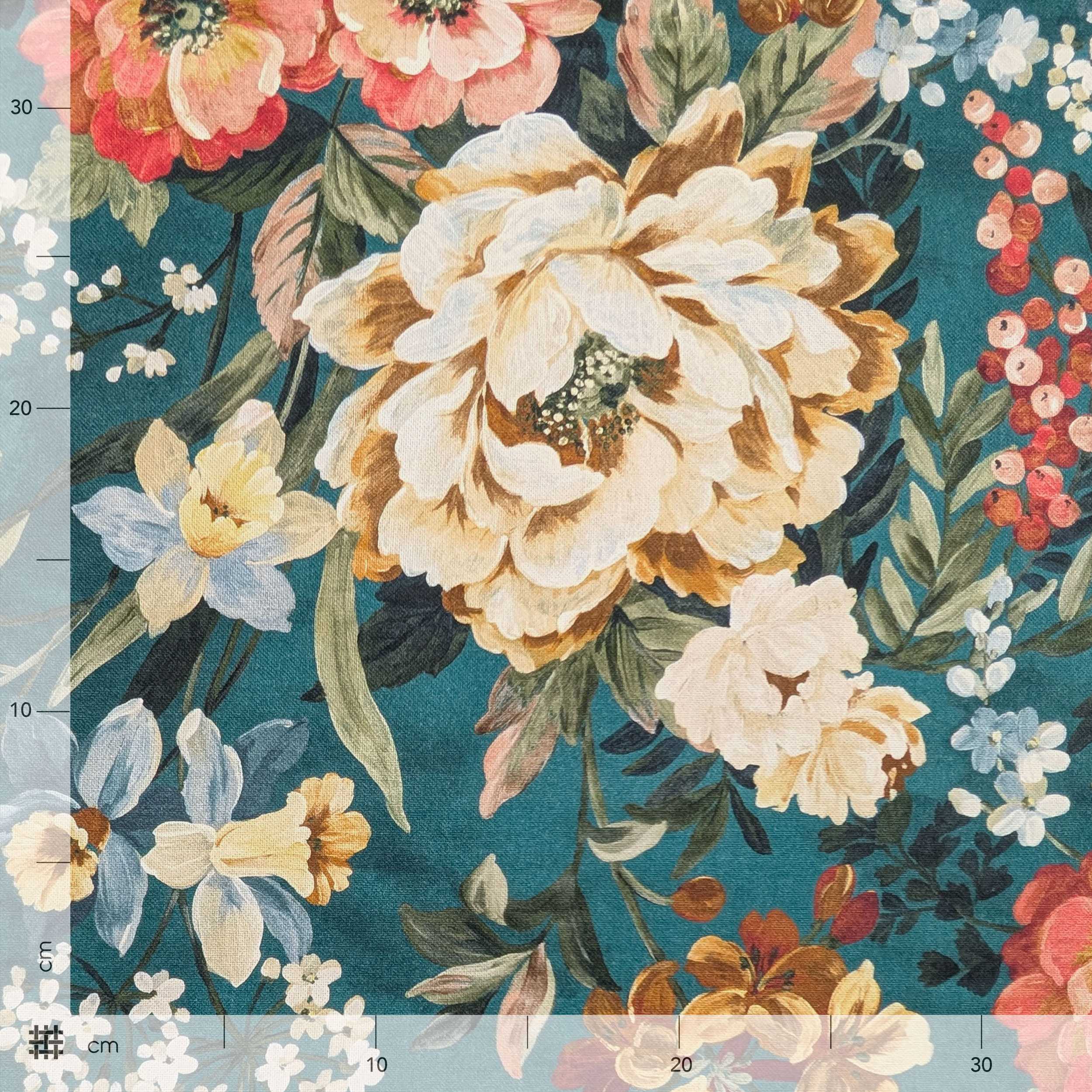 Panama Cotone Fiori Sfondo Petrolio H 280 cm Image