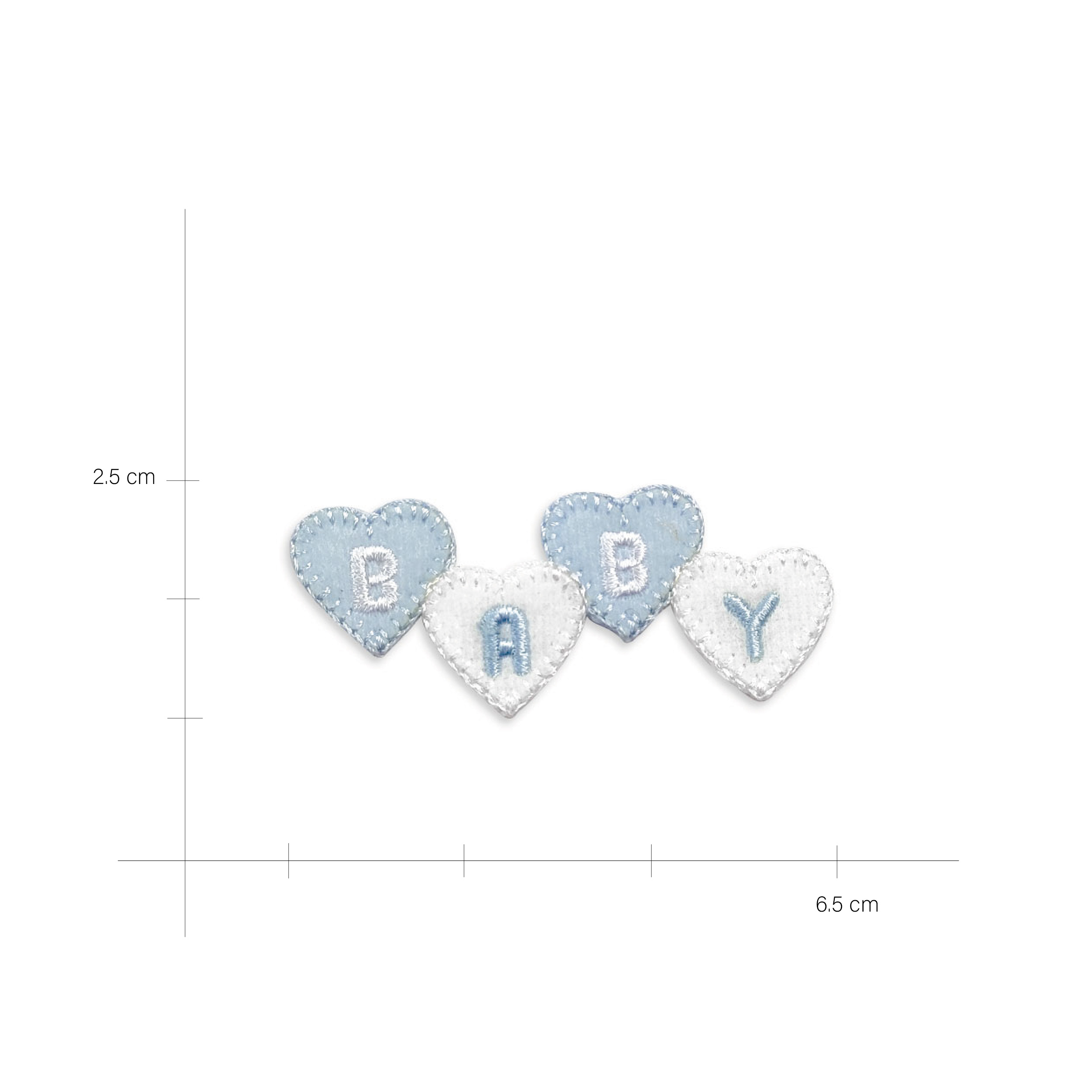 Applicazione termoadesiva scritta baby cuori azzurro misure 01