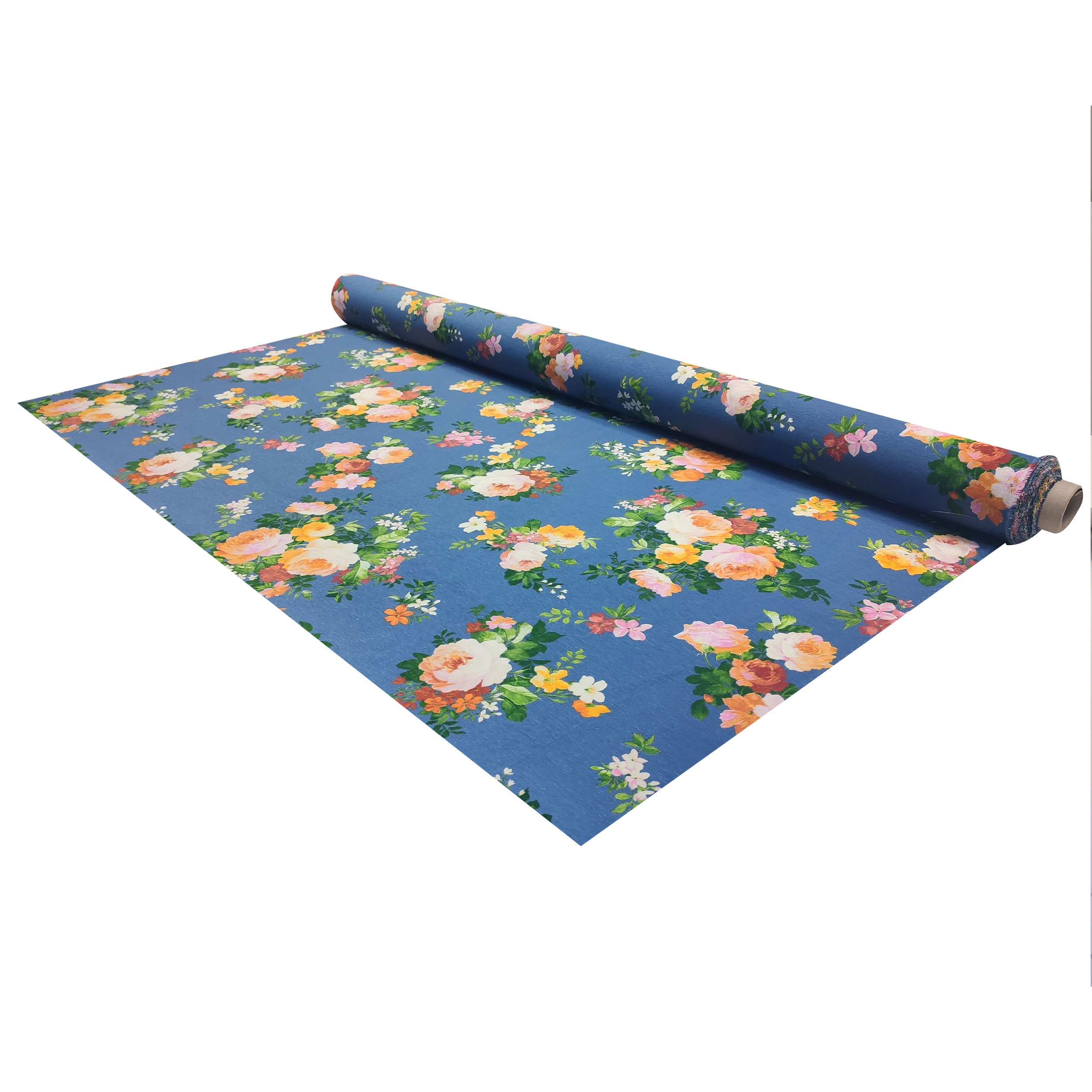 Tessuto Misto Cotone Rose Colorate Sfondo Blu