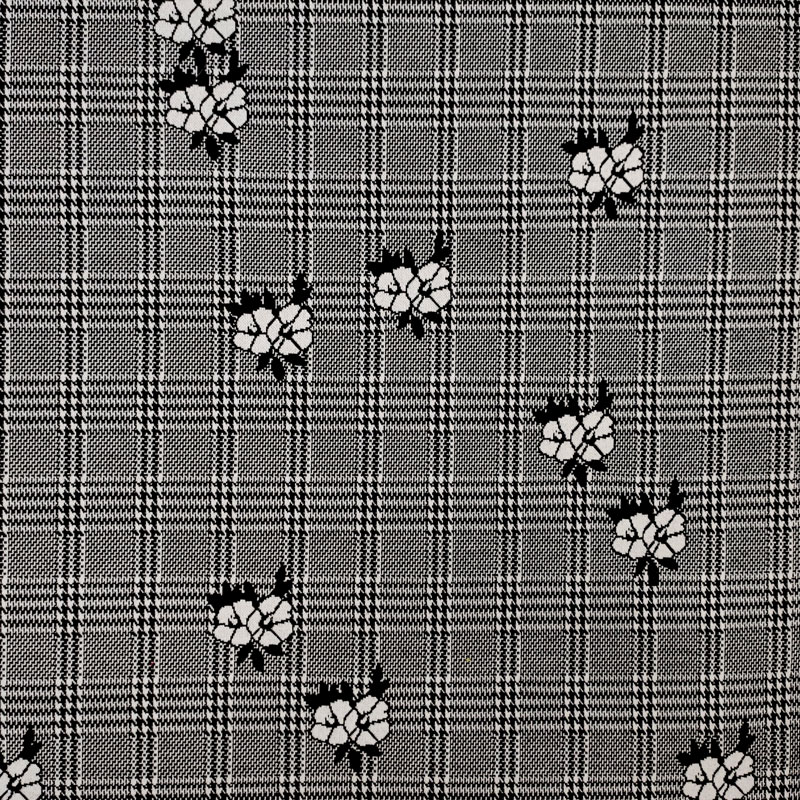 Tartan Punto Milano Principe di Galles con Fiori Bianchi
