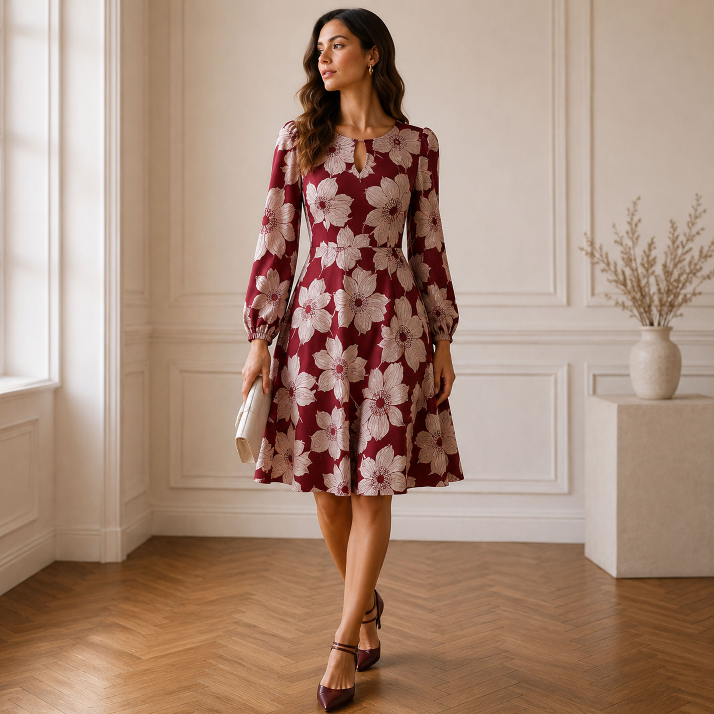 Vellutina Bordeaux Fiori Moda Bianchi Image