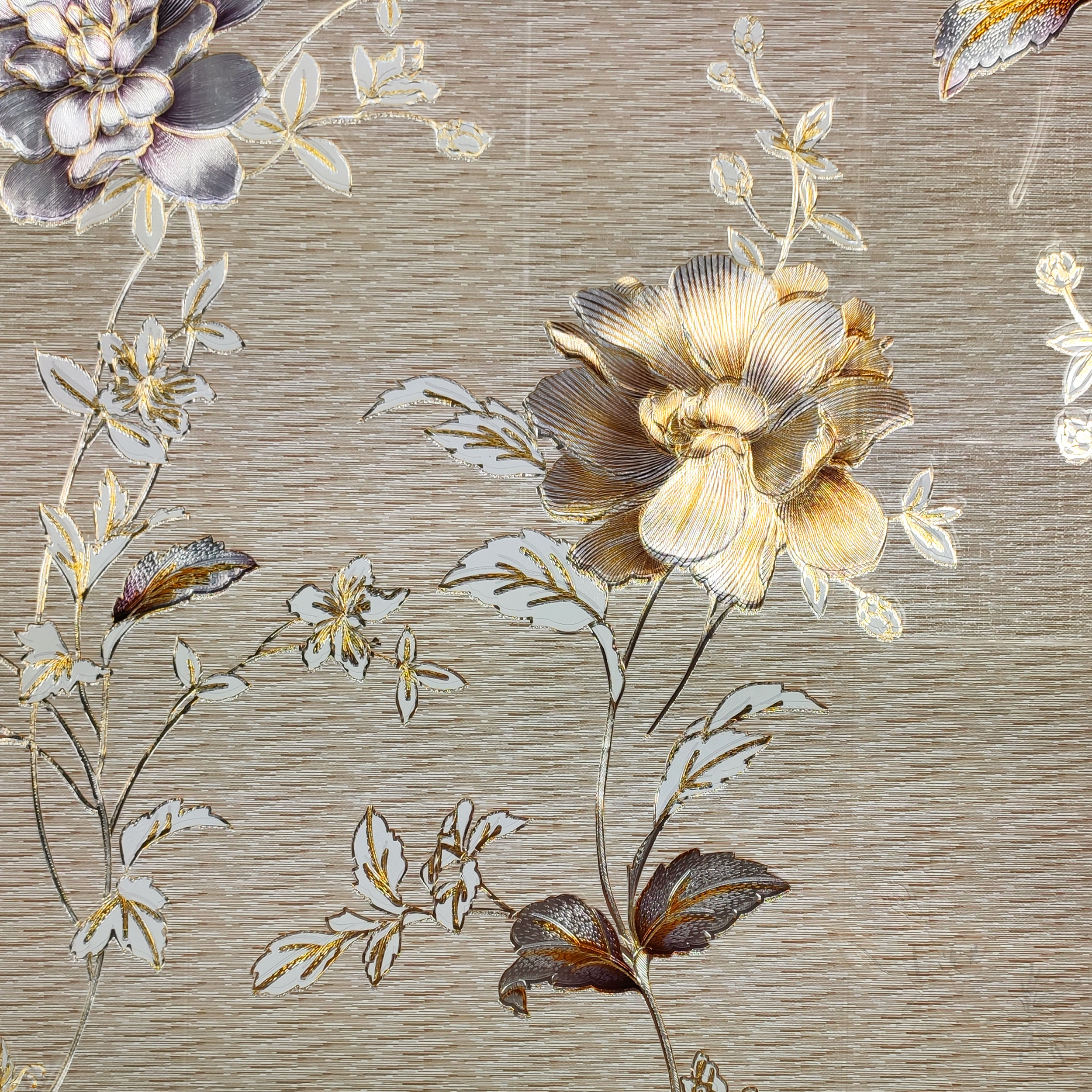 Tessuto Tovaglia Metallizzata Fiori Sfondo Beige