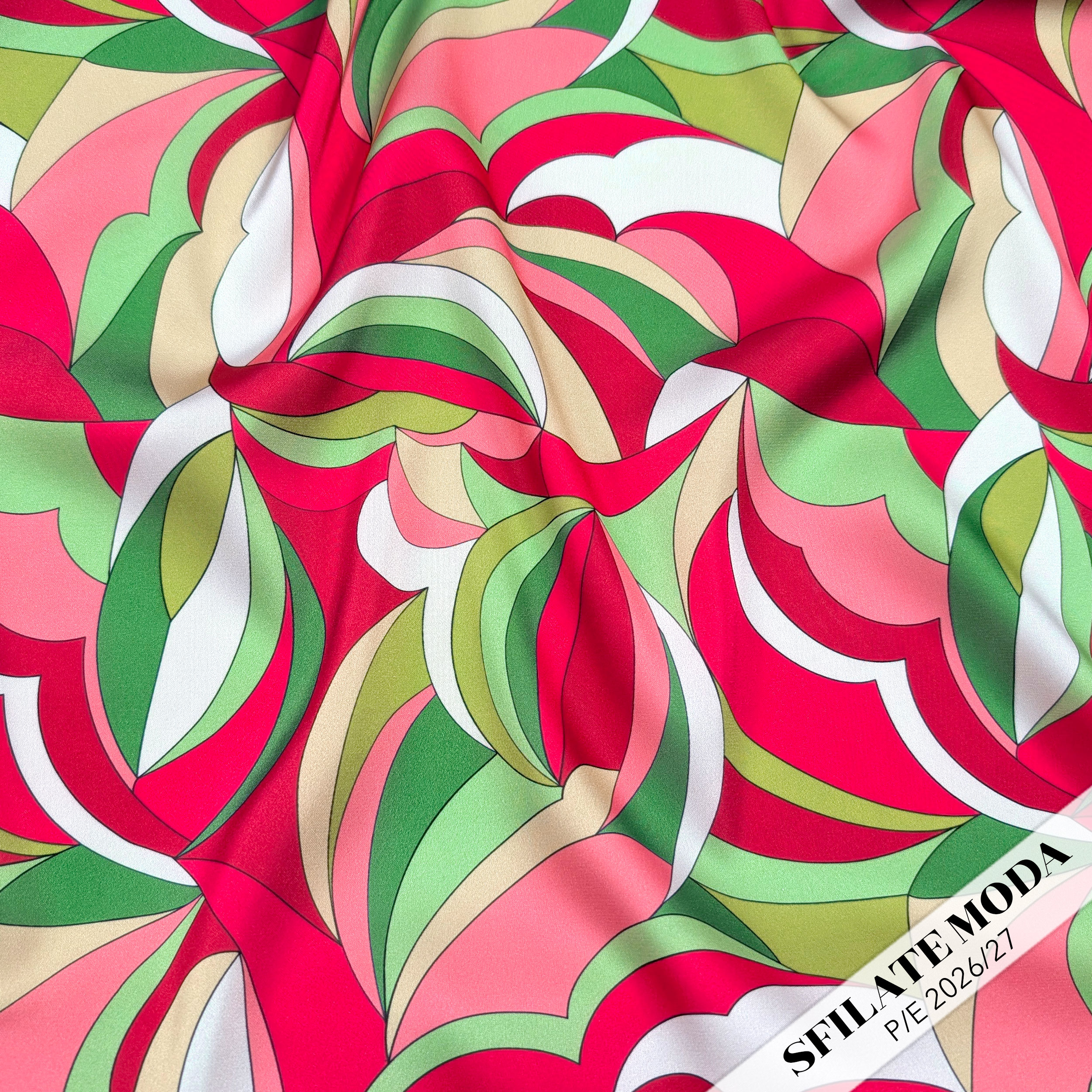 Raso Setato Alta Moda Fantasia Multicolor Rosso Verde Image