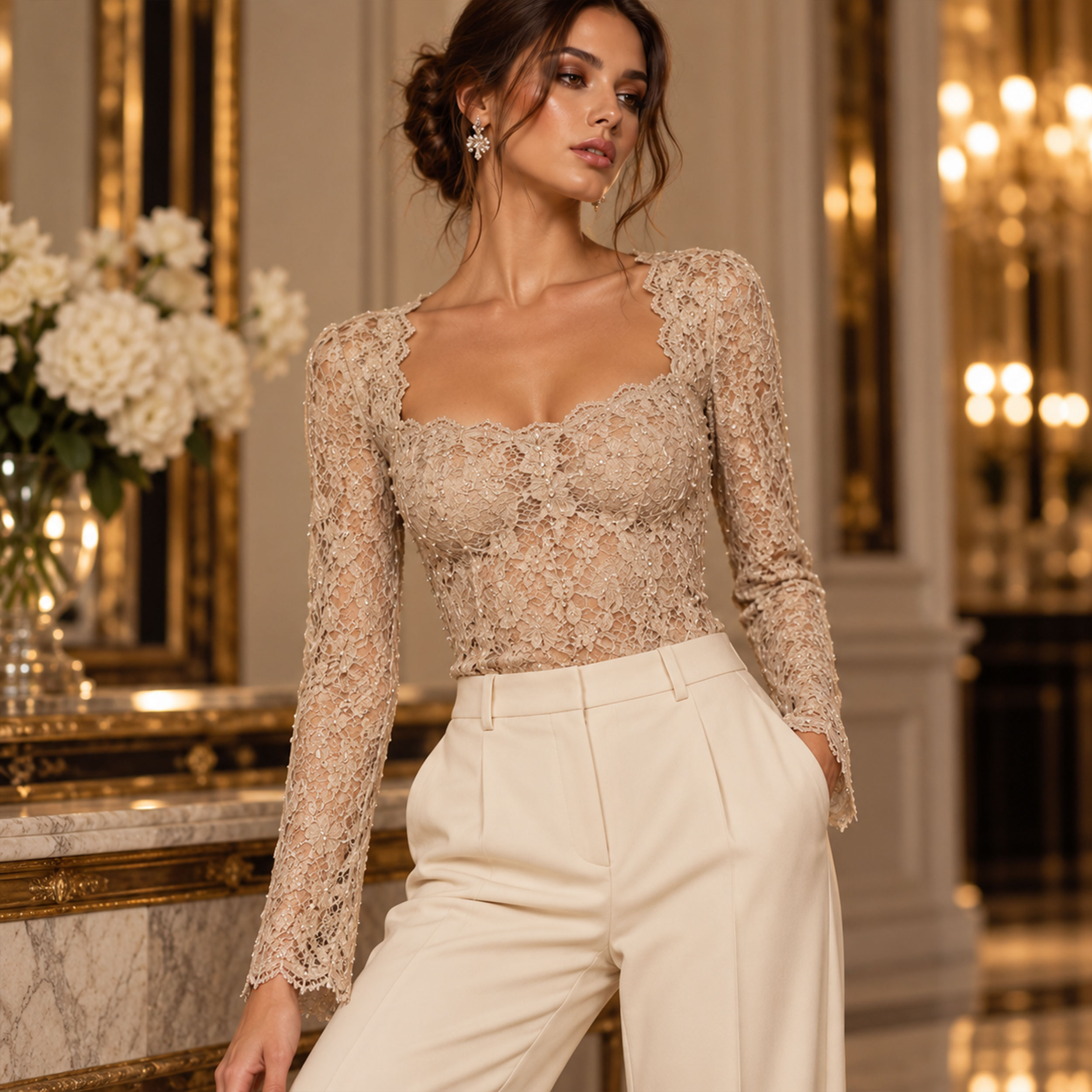Pizzo Inserto Rose Velluto Beige Image