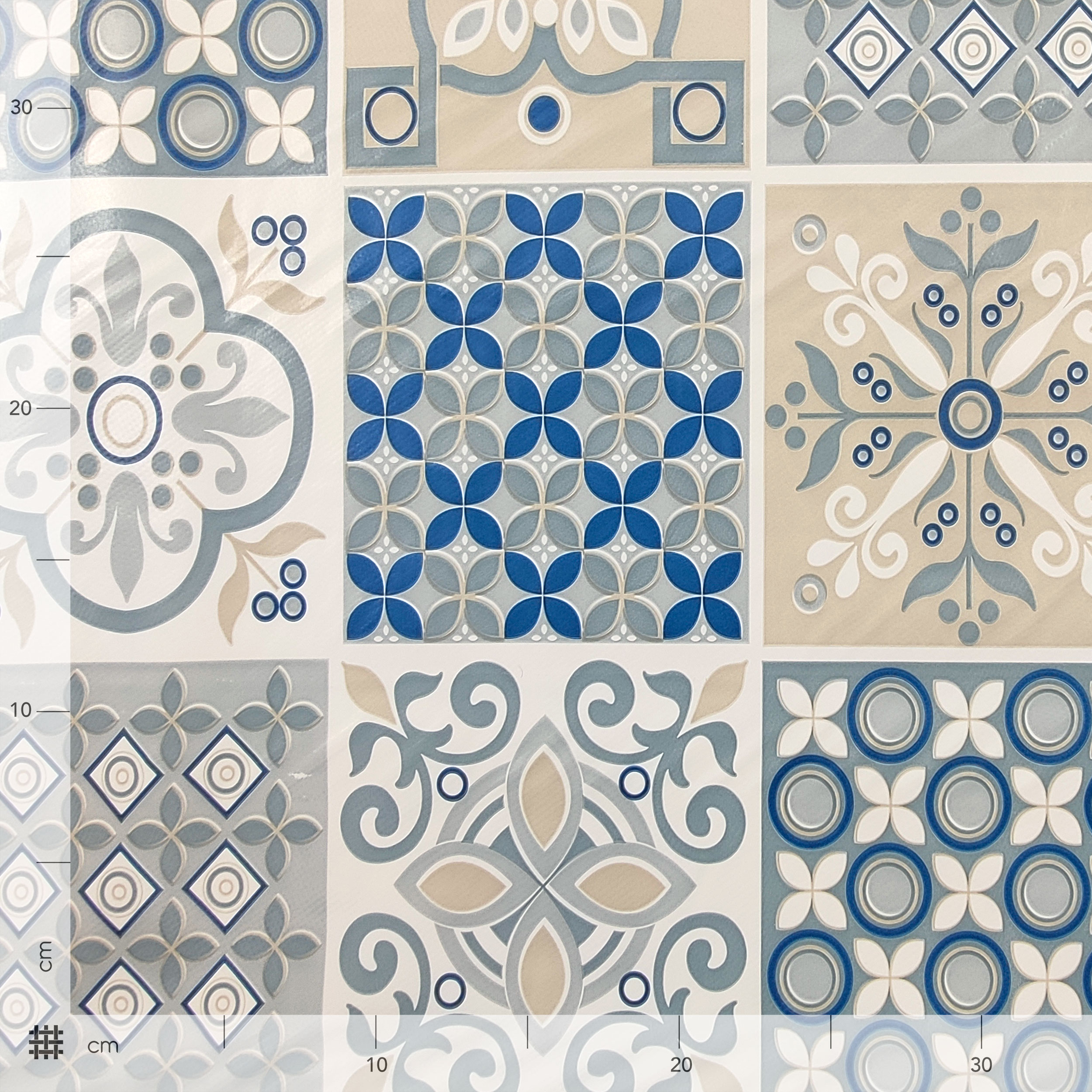 Tessuto Tovaglia Plastificata Mattonelle Floreali Blu e Beige Image
