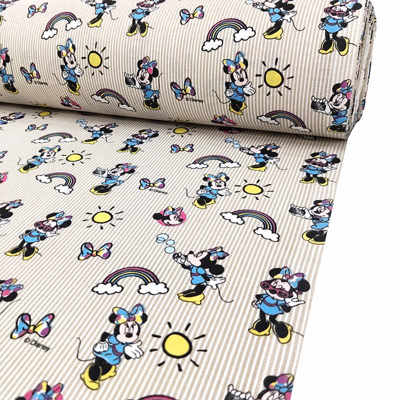 Stoffa Cotone al metro con minnie righe beige