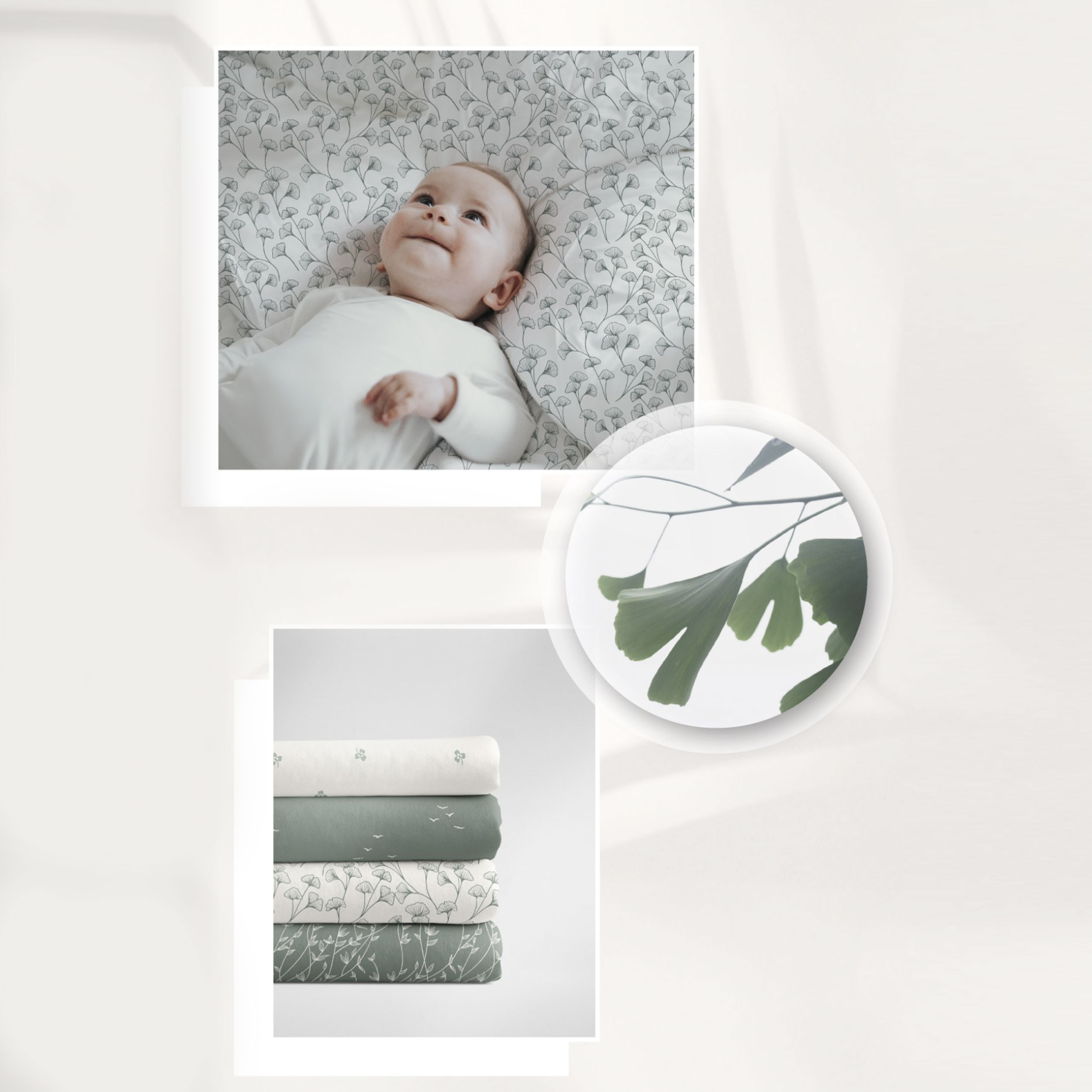 Popeline Cotone Foglie Sfondo Verde Grigio Image