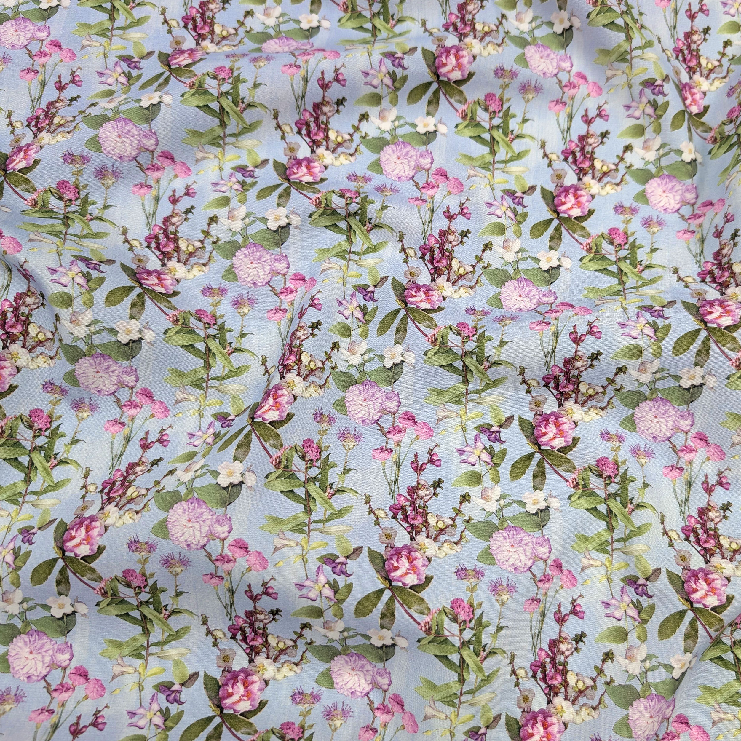 Popeline Cotone Floreale Fiori Fuxia e Lilla Image