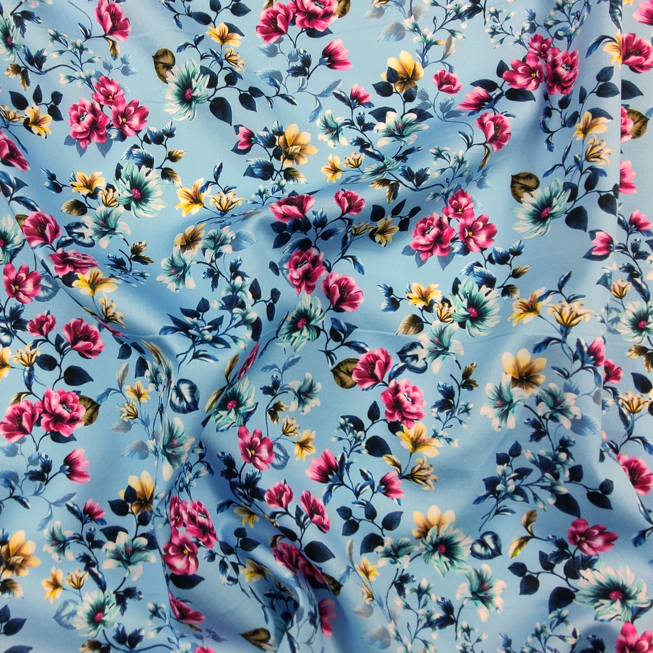 Rasatello Cotone Sfondo Azzurro con Fiori