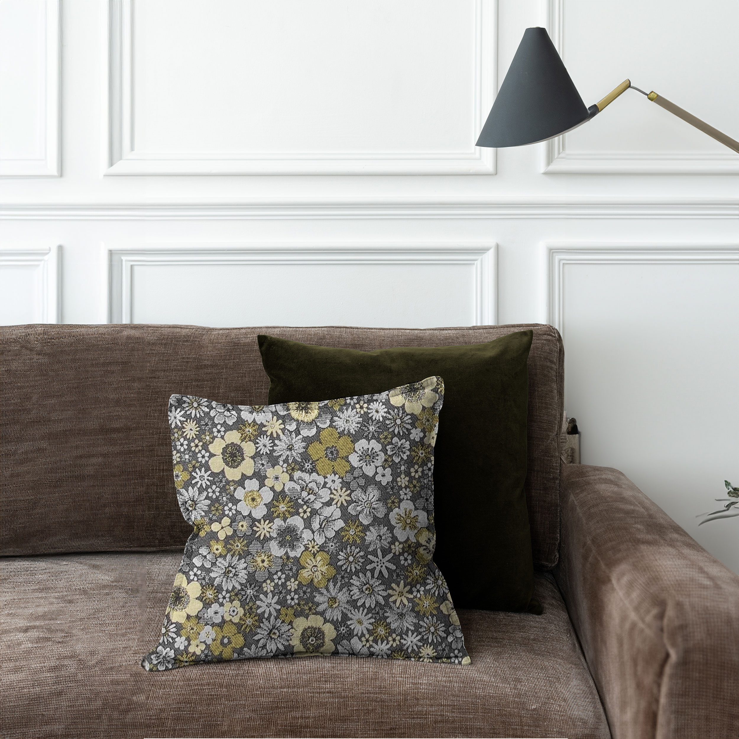 Tessuto Arredo Broccato Fiori Sfondo Grigio