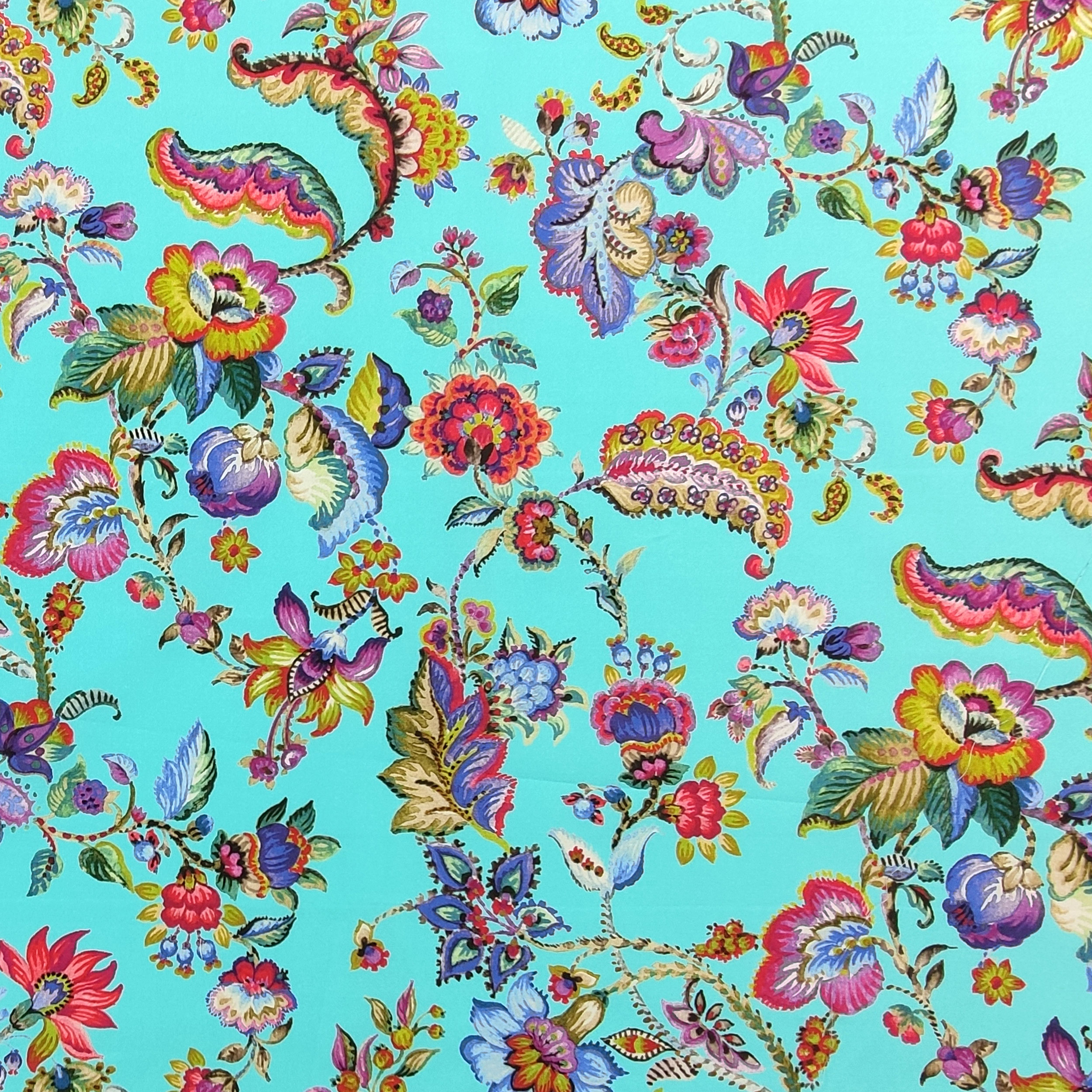 Cotone Elasticizzato Sfondo Ciano con Fiori
