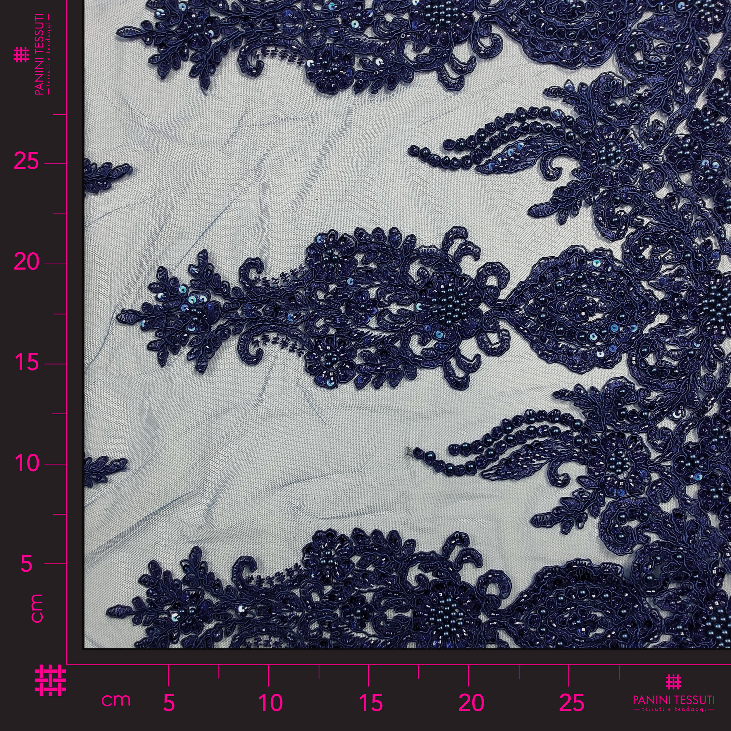 Pizzo Alta Moda Floreale Perline Blu Ricamate Doppio Bordo Image
