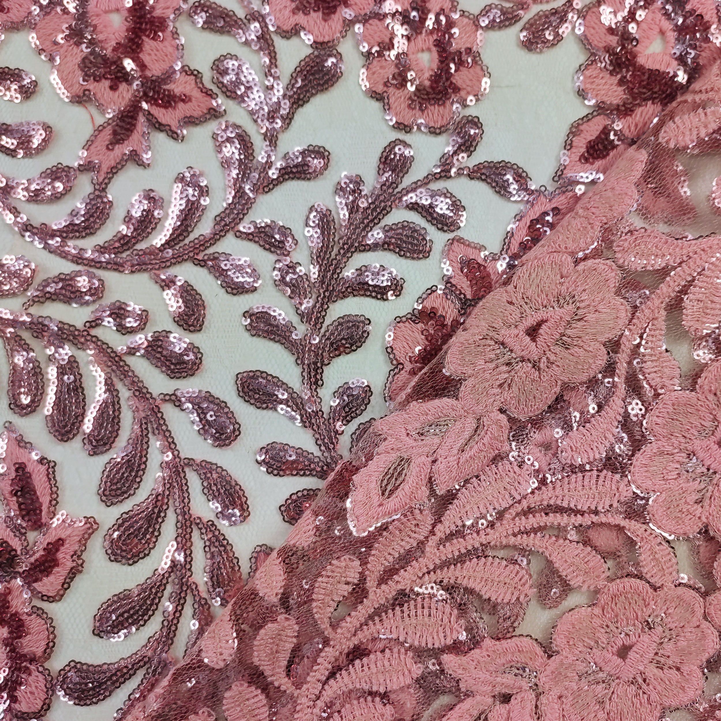 Tulle Ricamato Fiori con Paillettes Rosa