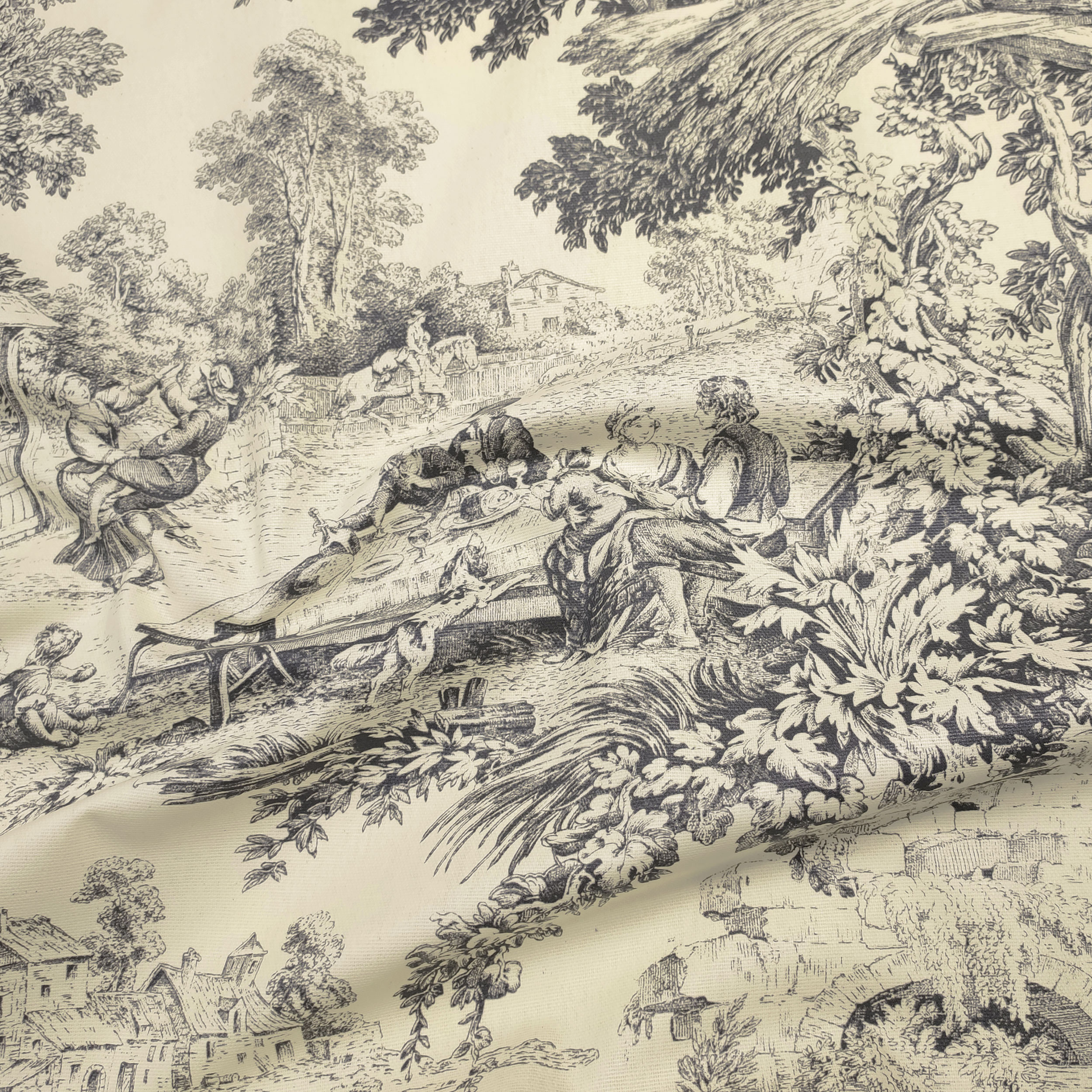 Tessuto Tovaglia Resinata Toile de Jouy Nero Sfondo Panna