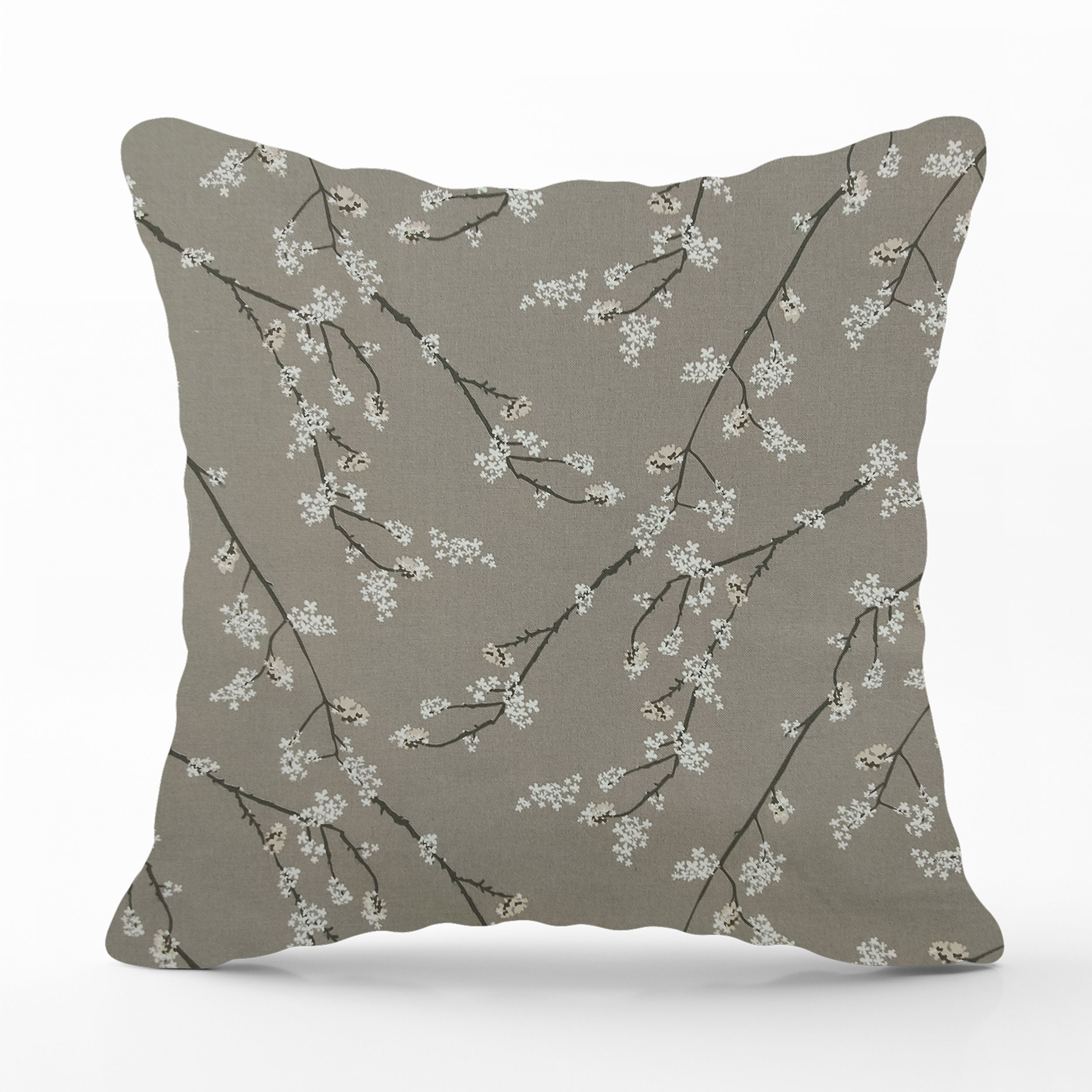 federa cuscino rami fioriti sfondo grigio